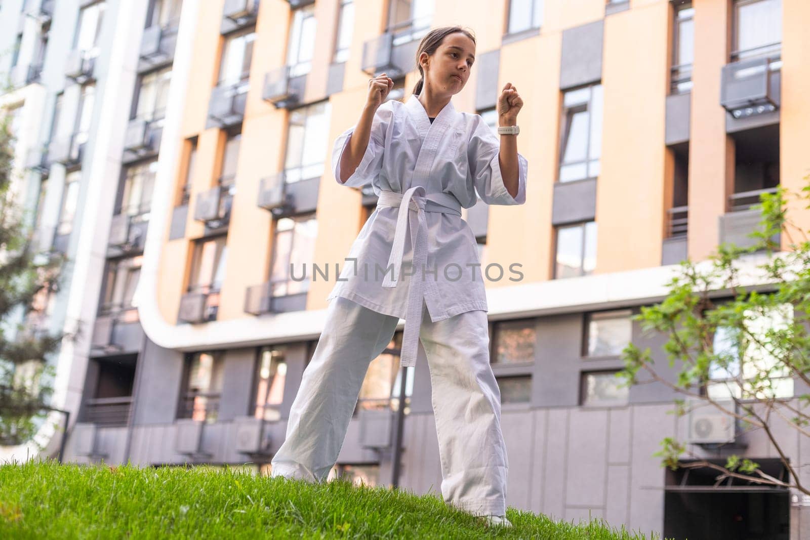 Girl in Karate Taekwondo Fighting Stance. High quality photo