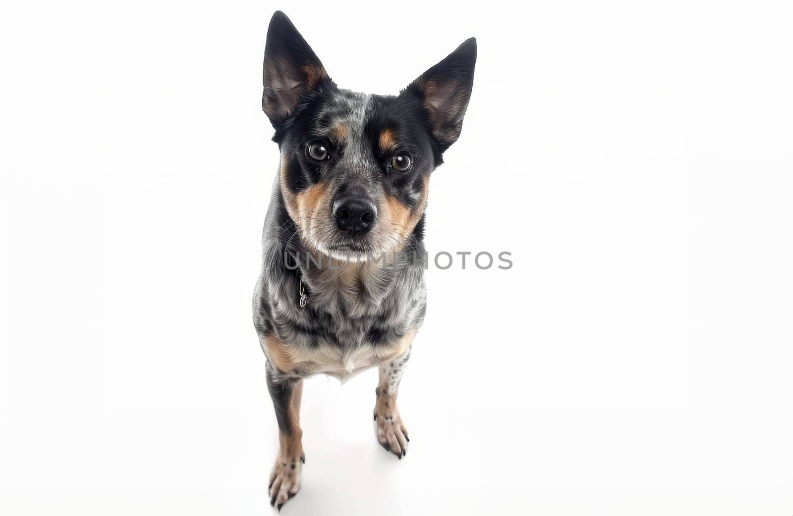 A direct front view of an Australian Cattle Dog with a sharp, inquisitive look. Its compact stature and mottled coat are clearly visible against the white backdrop
