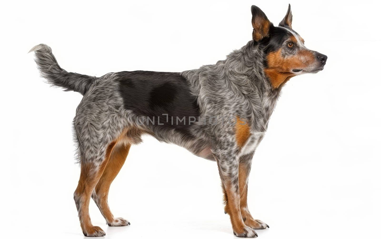 An Australian Cattle Dog stands in profile, ears perked and eyes vigilant. The photo captures the breed's muscular frame and distinctive coat pattern