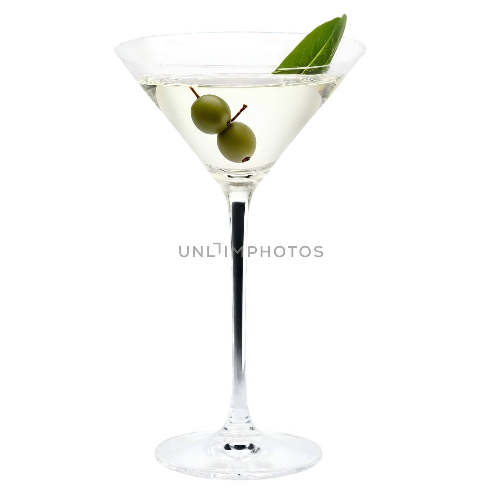 Elegant martini glass with a slender stem showcasing a classic gin martini garnished with an by panophotograph