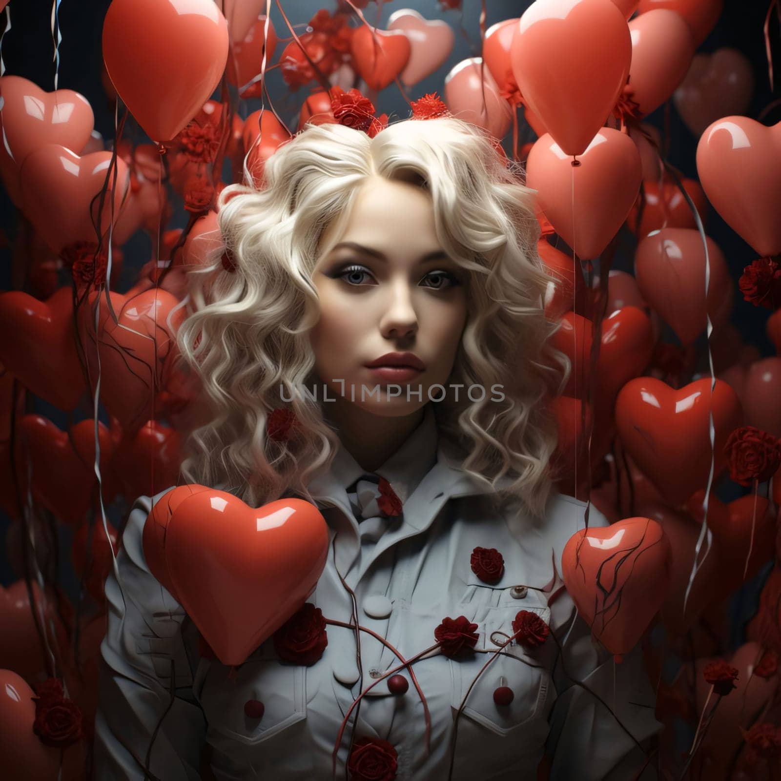 Blonde haired woman with pink red balloons shaped like hearts. Heart as a symbol of affection and love. The time of falling in love and love.
