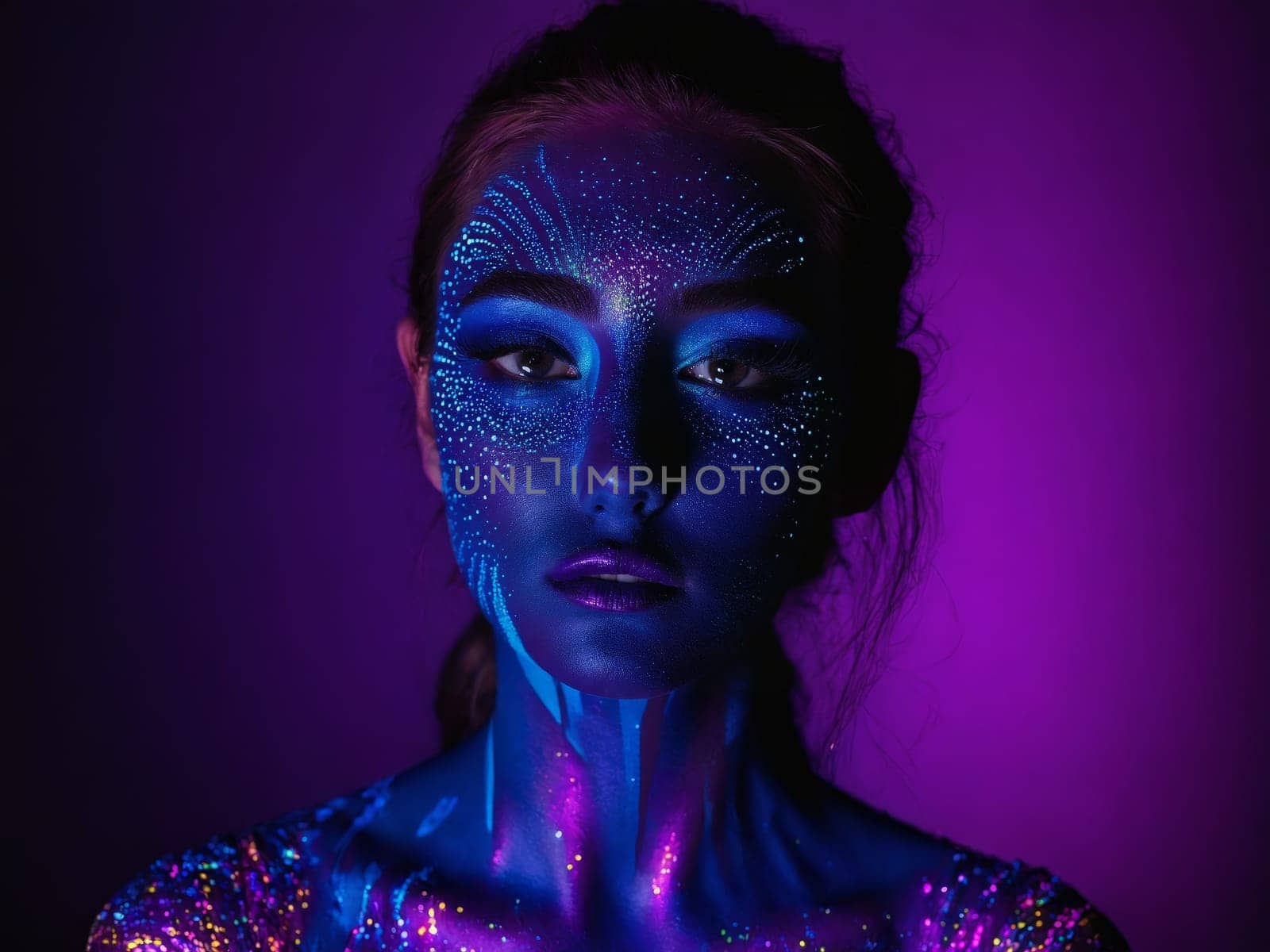 Neon body painting fluorescent designs glowing under black light UV reactive makeup dark studio by panophotograph