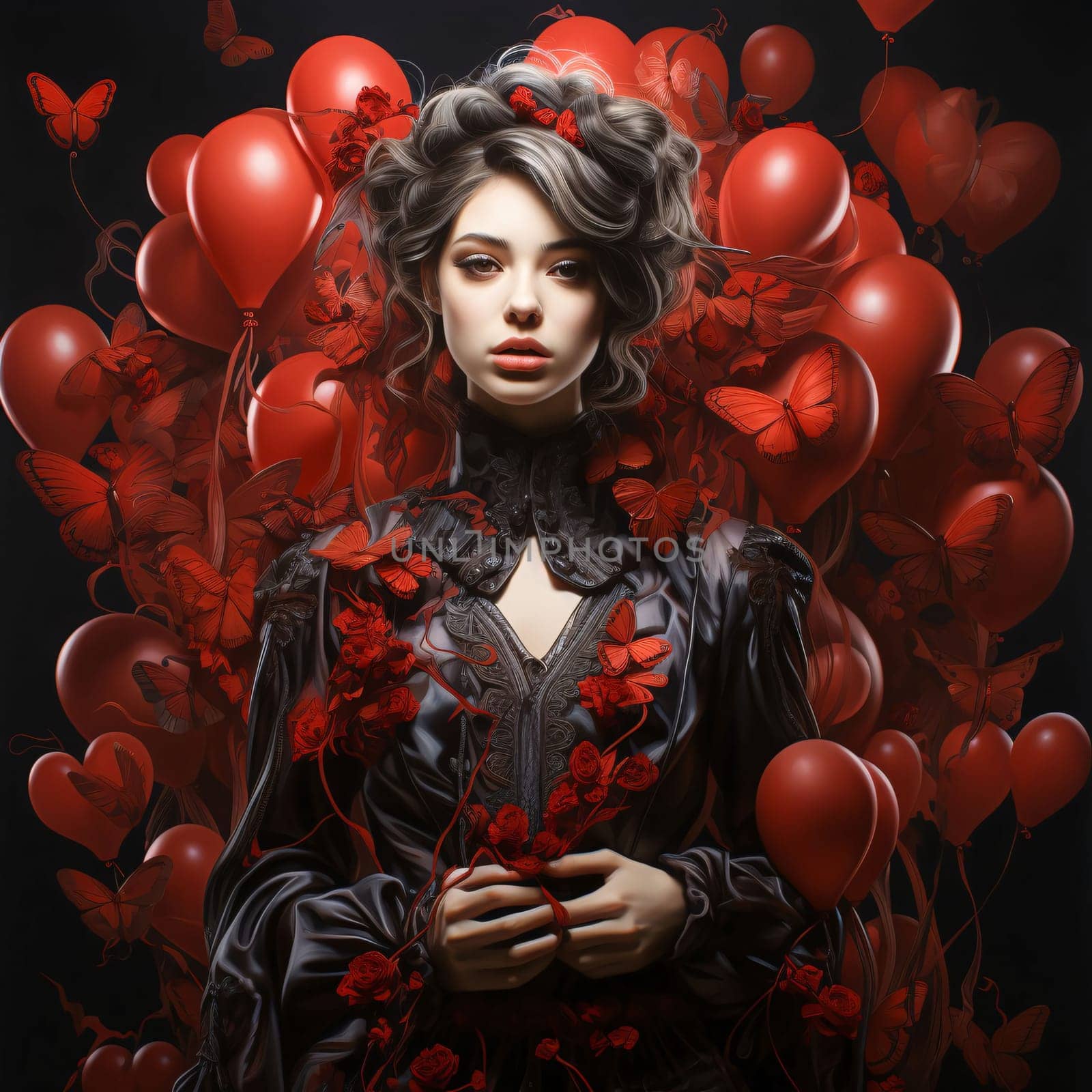 A young woman surrounded by red balloons in the shape of hearts. Heart as a symbol of affection and love. The time of falling in love and love.