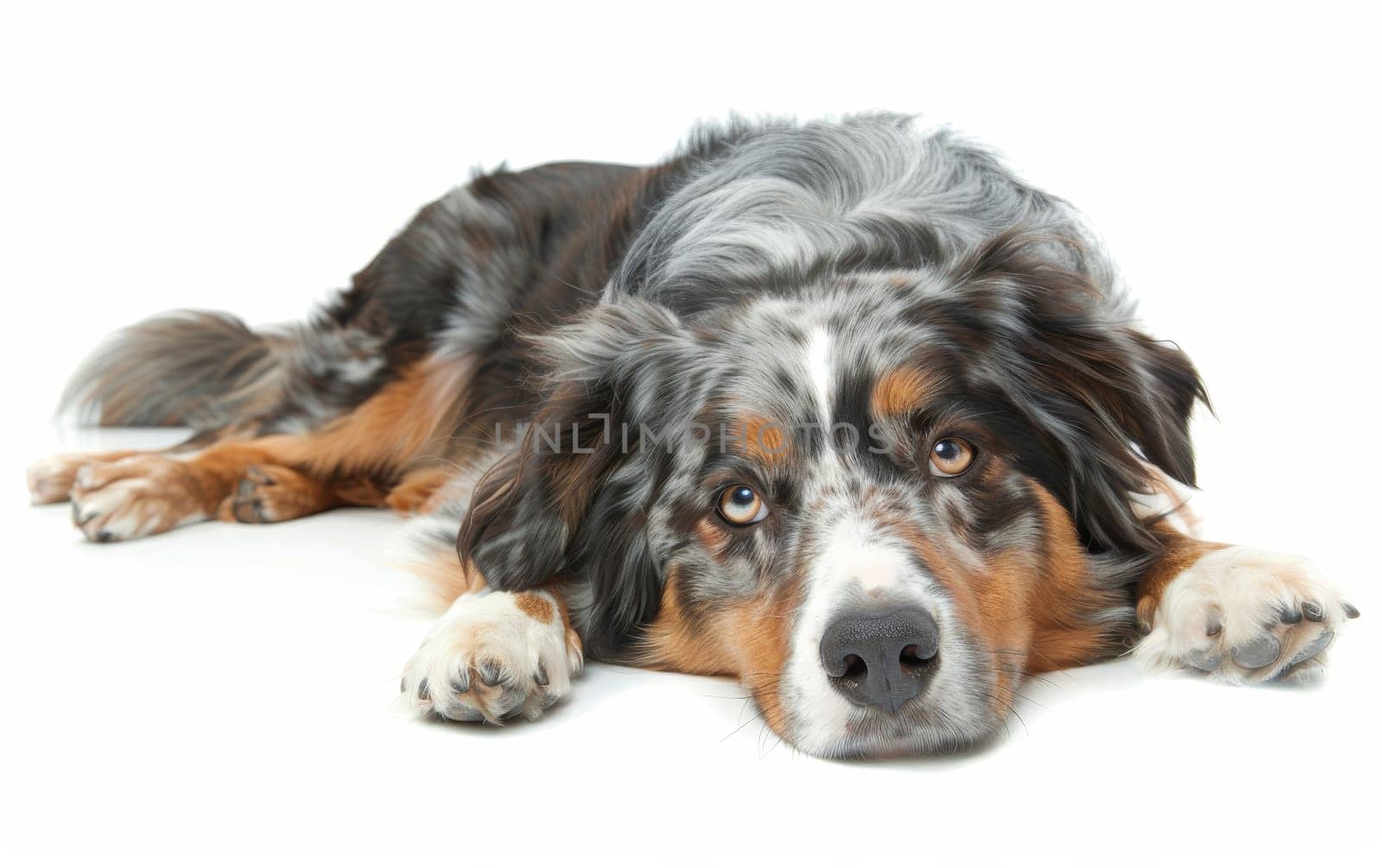 A laid-back Australian Shepherd lounges, its captivating gaze inviting interaction. The dog's merle coat pattern is rich in detail and texture. by sfinks