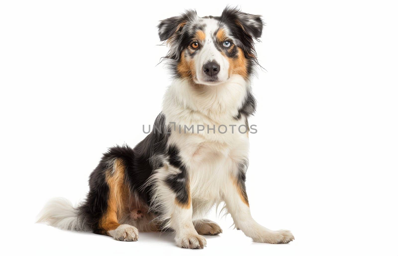 An attentive Australian Shepherd sits up, its tri-colored coat beautifully groomed. The dog's focused expression reflects its responsive and trainable nature. by sfinks