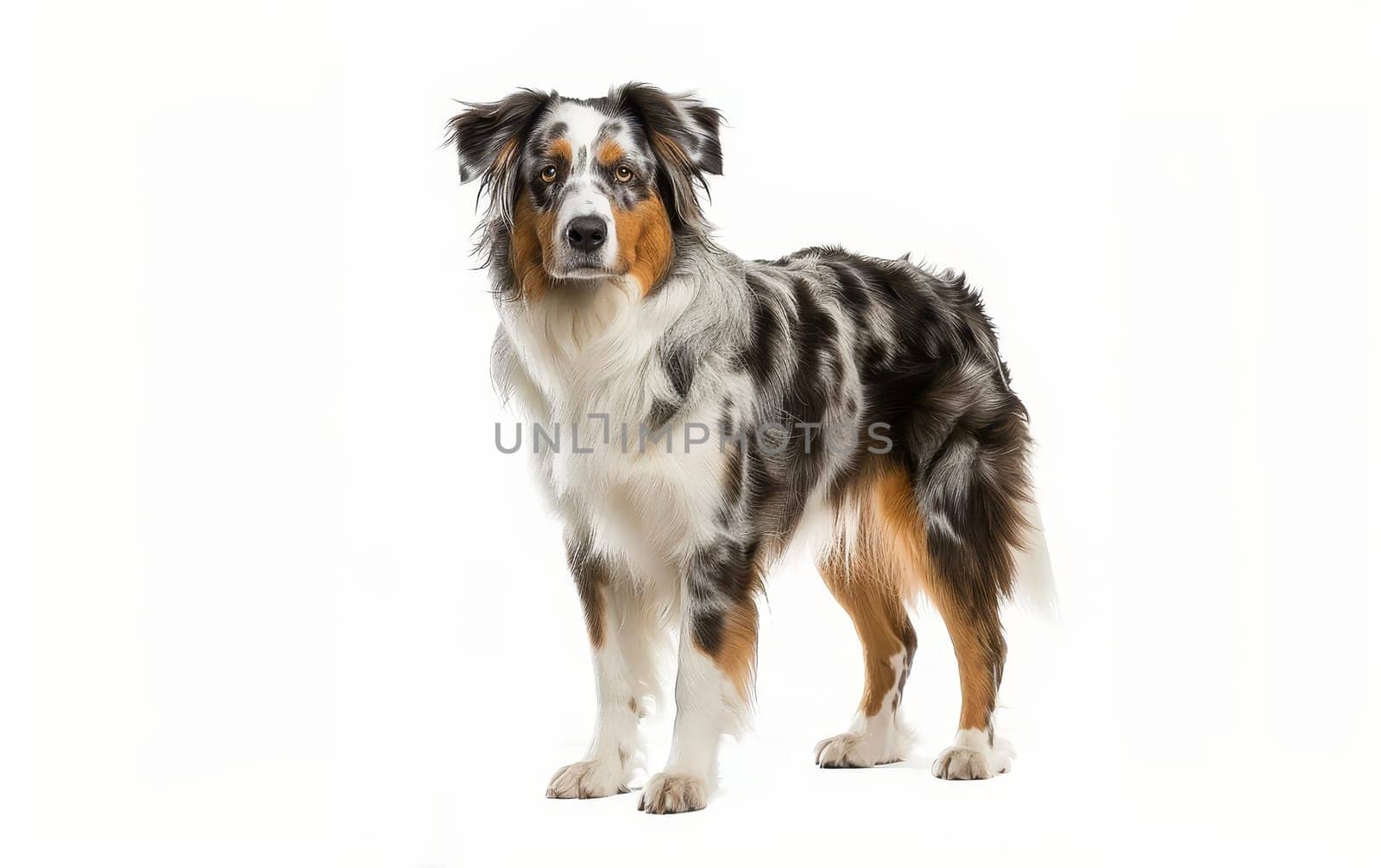 A majestic Australian Shepherd stands poised, its merle coat and attentive eyes indicative of its alert and active nature. The dog's stance displays confidence and readiness
