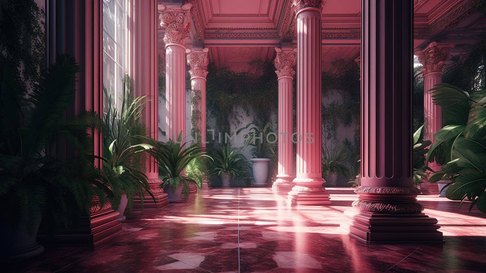 Corridor of pink columns and green plants in vaporwave styled hotel. Generated AI