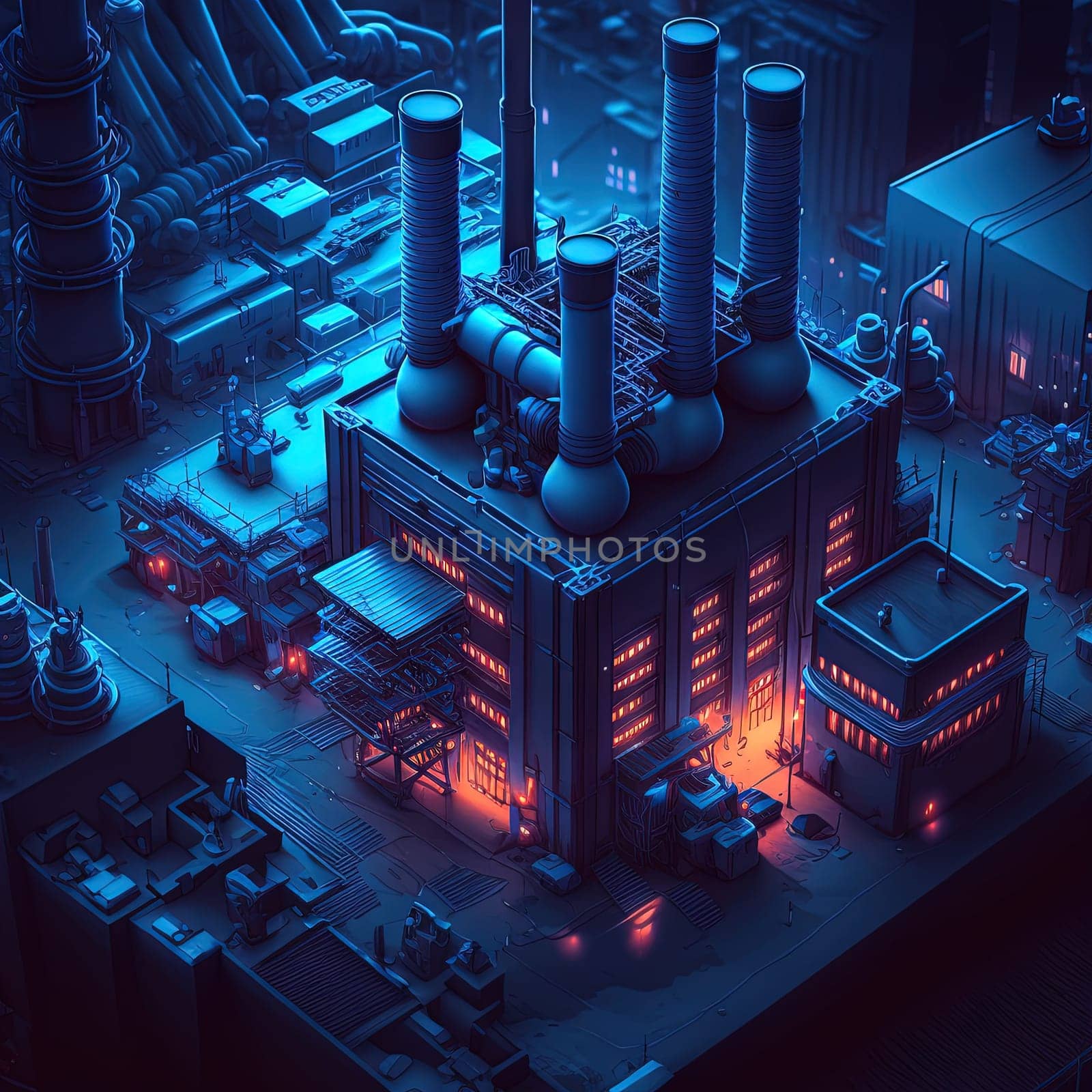 Synthwave styled factory with isometric view. Blue and purple industrial cityscape with neon lights. Generated AI. by SwillKch