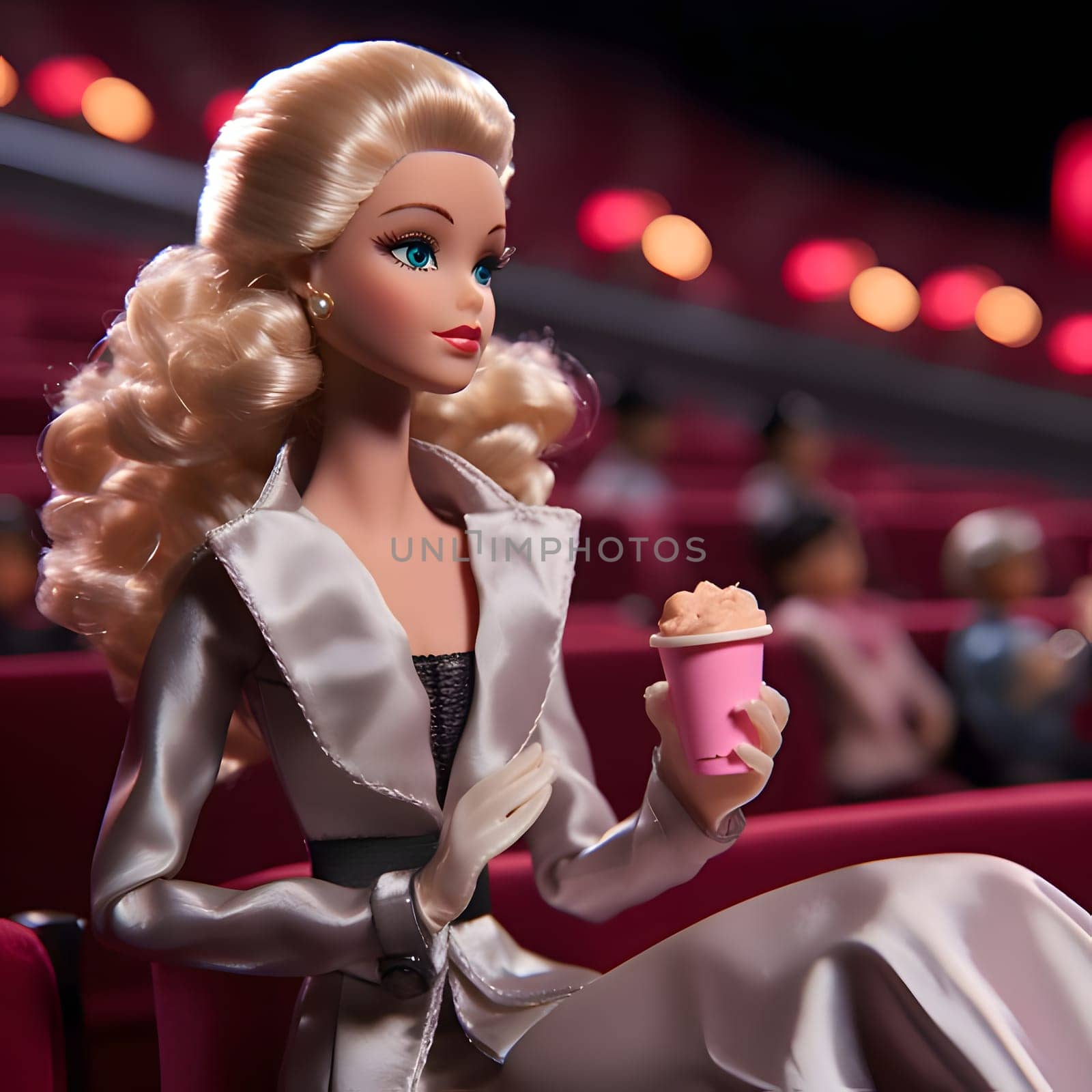 Adorable blonde Barbie sits in the movie theater, dressed in grey clothes, holding a bucket of popcorn. The background is blurred, focusing on her enjoyment of the movie.