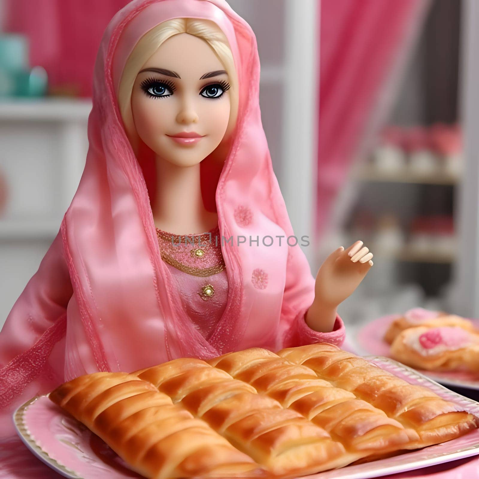 Charming blonde Barbie, dressed in pink, holding sweet treats, against a blurred background. The side view captures her joyful moment with sugary delights.