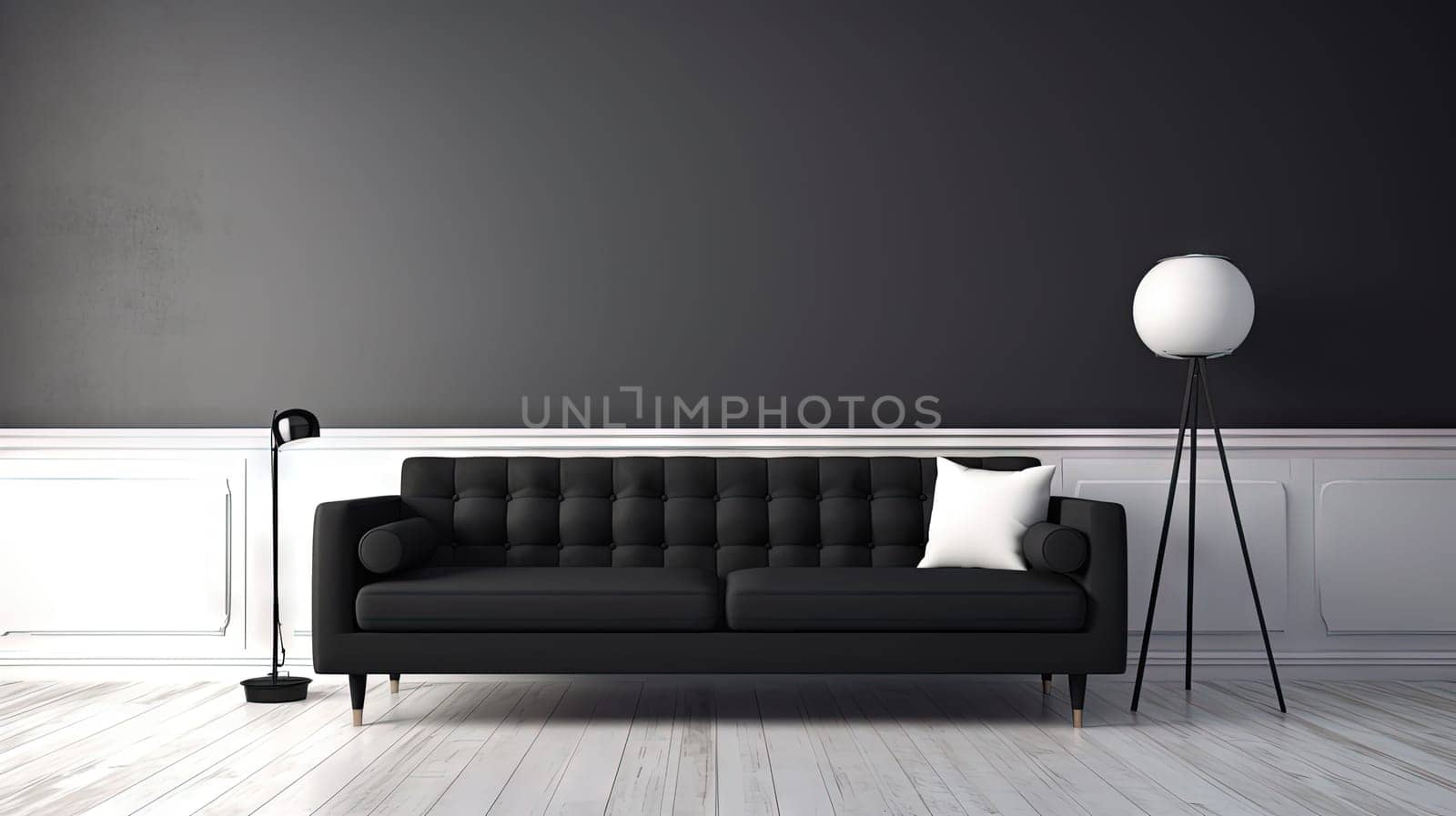 Interior with sofa in modern design. Wide couch in the contemporary room. Generated AI