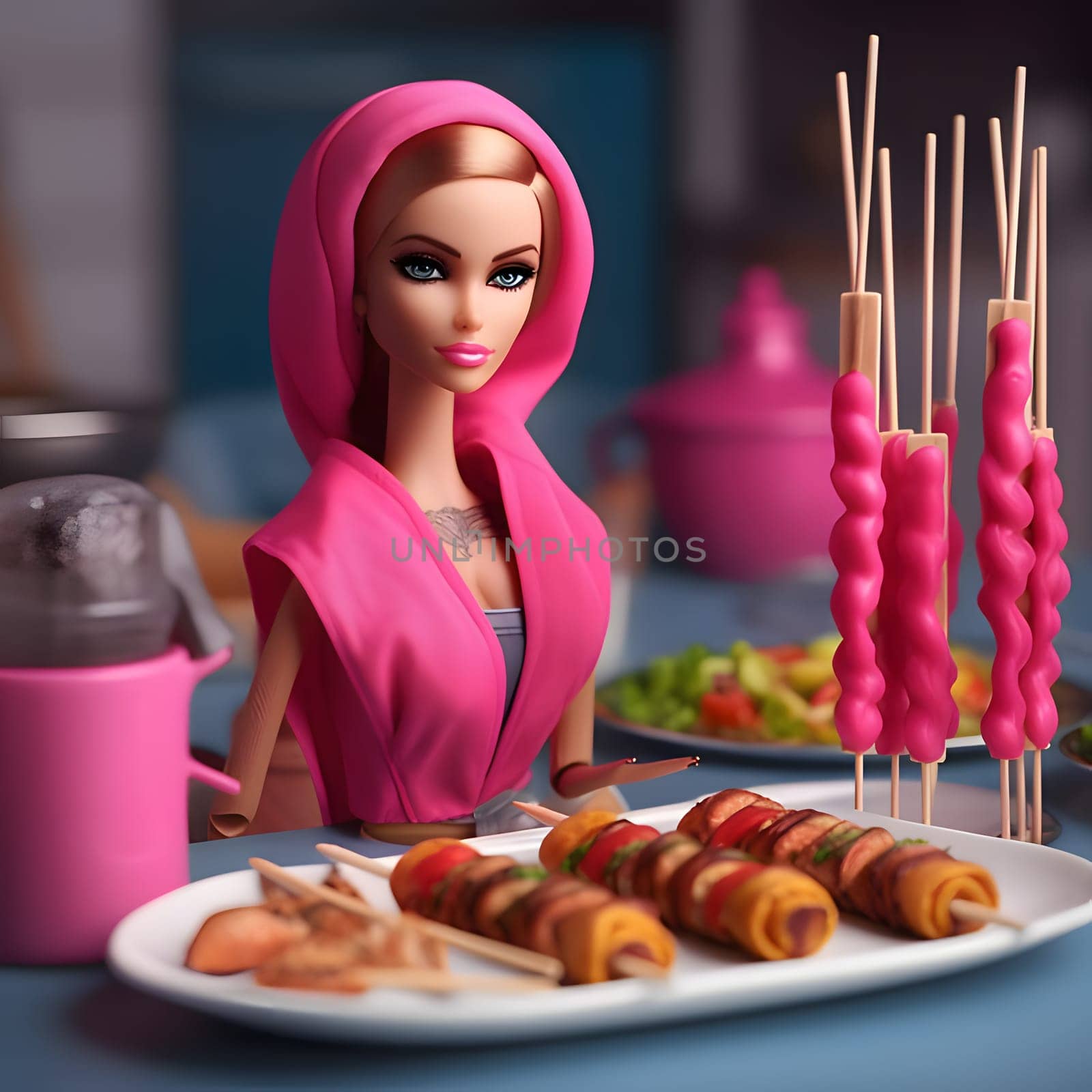 Charming blonde Barbie, dressed in pink, with skewers on a plate, against a blurred background. The side view captures her delightful moment with tasty treats.