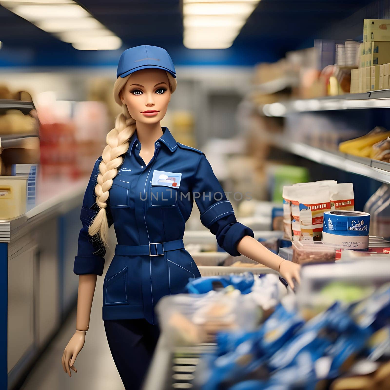 Blonde-haired Barbie with a stylish ponytail is busy working in a vibrant market, surrounded by fresh produce and colorful stalls.