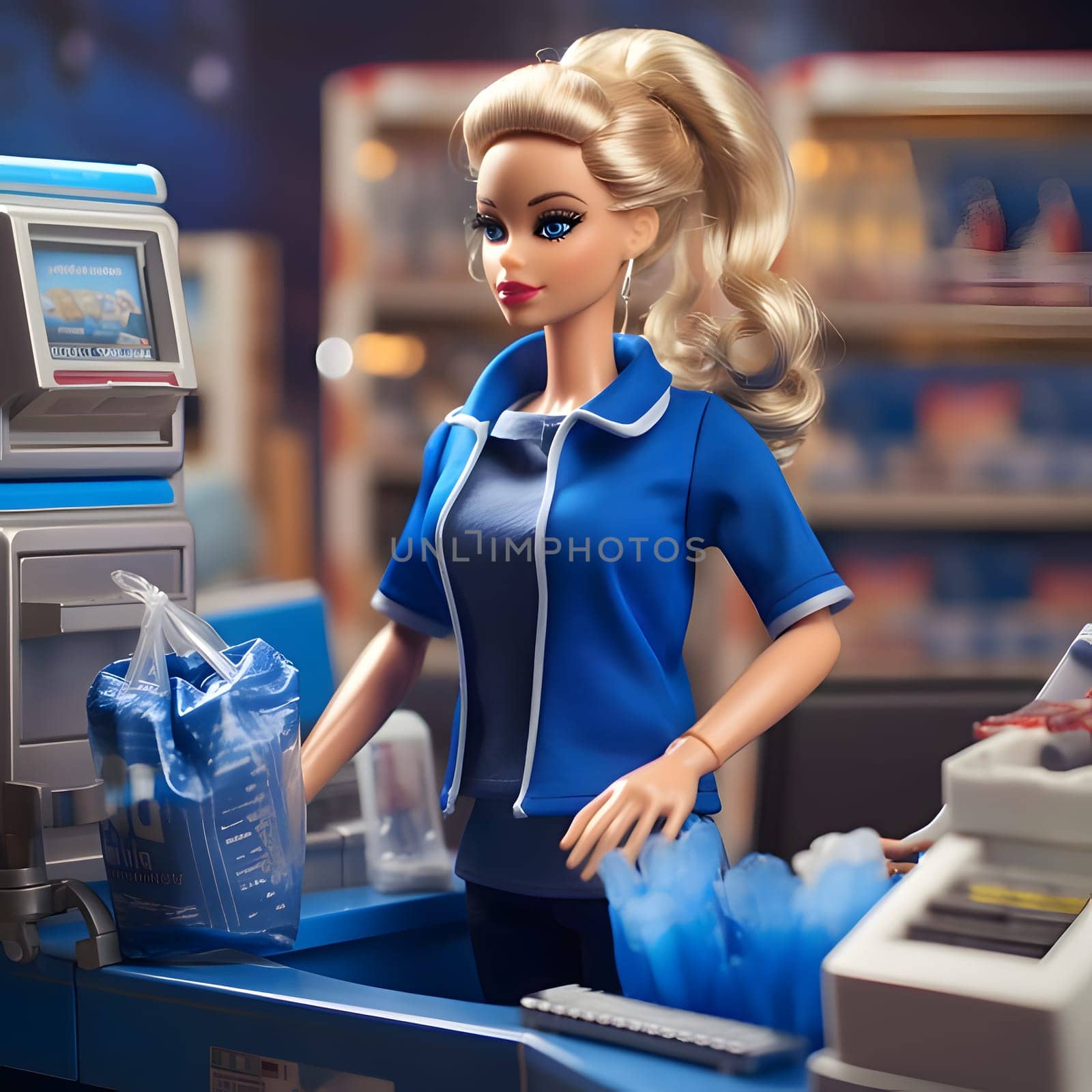 Blonde-haired Barbie with a stylish ponytail is busy working in a vibrant market, surrounded by fresh produce and colorful stalls.