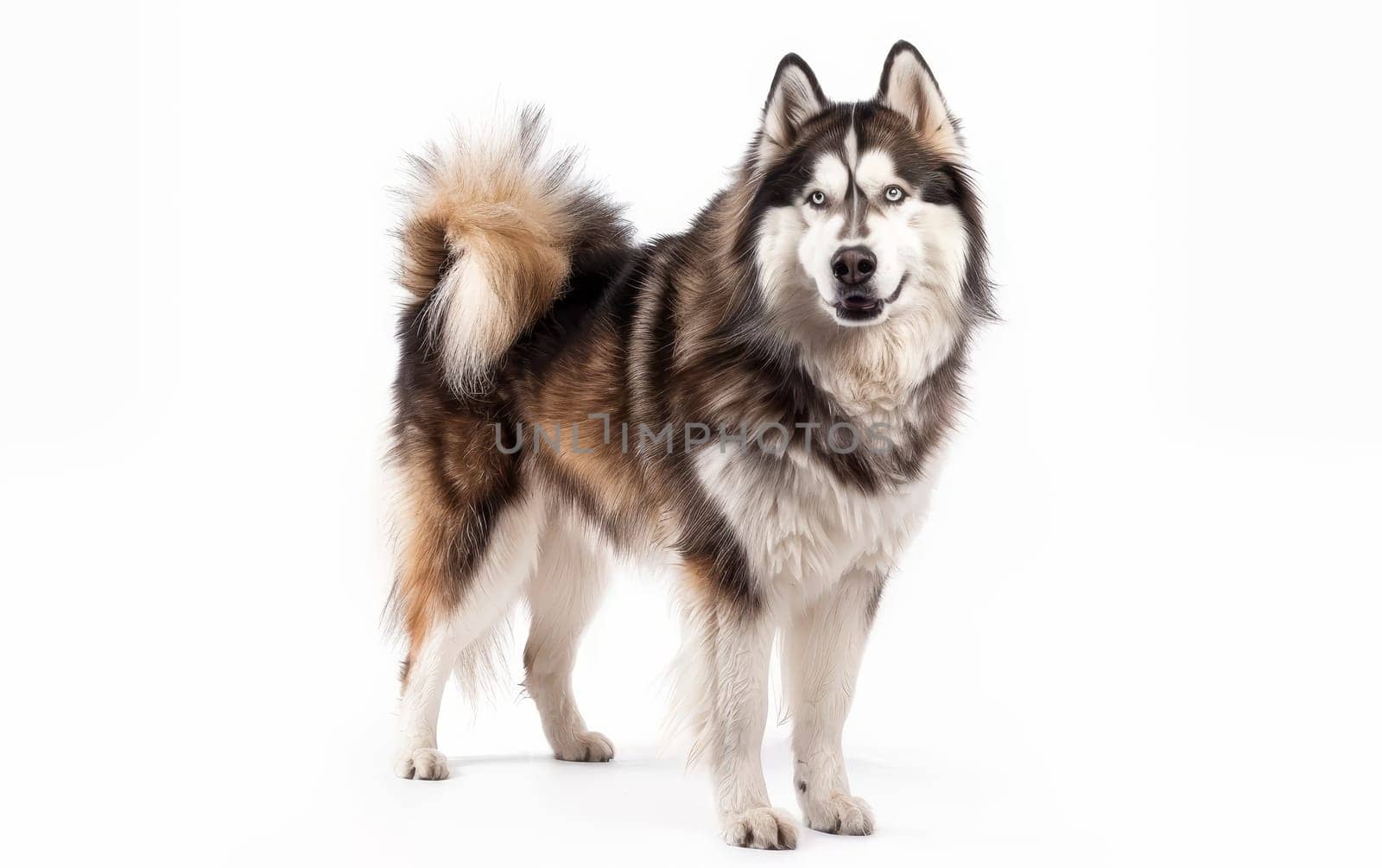 A proud Alaskan Malamute stands with a bold stance, its dense coat and alert expression reflecting the breed's resilience and dignity. This dog embodies the spirit of the great northern wilderness