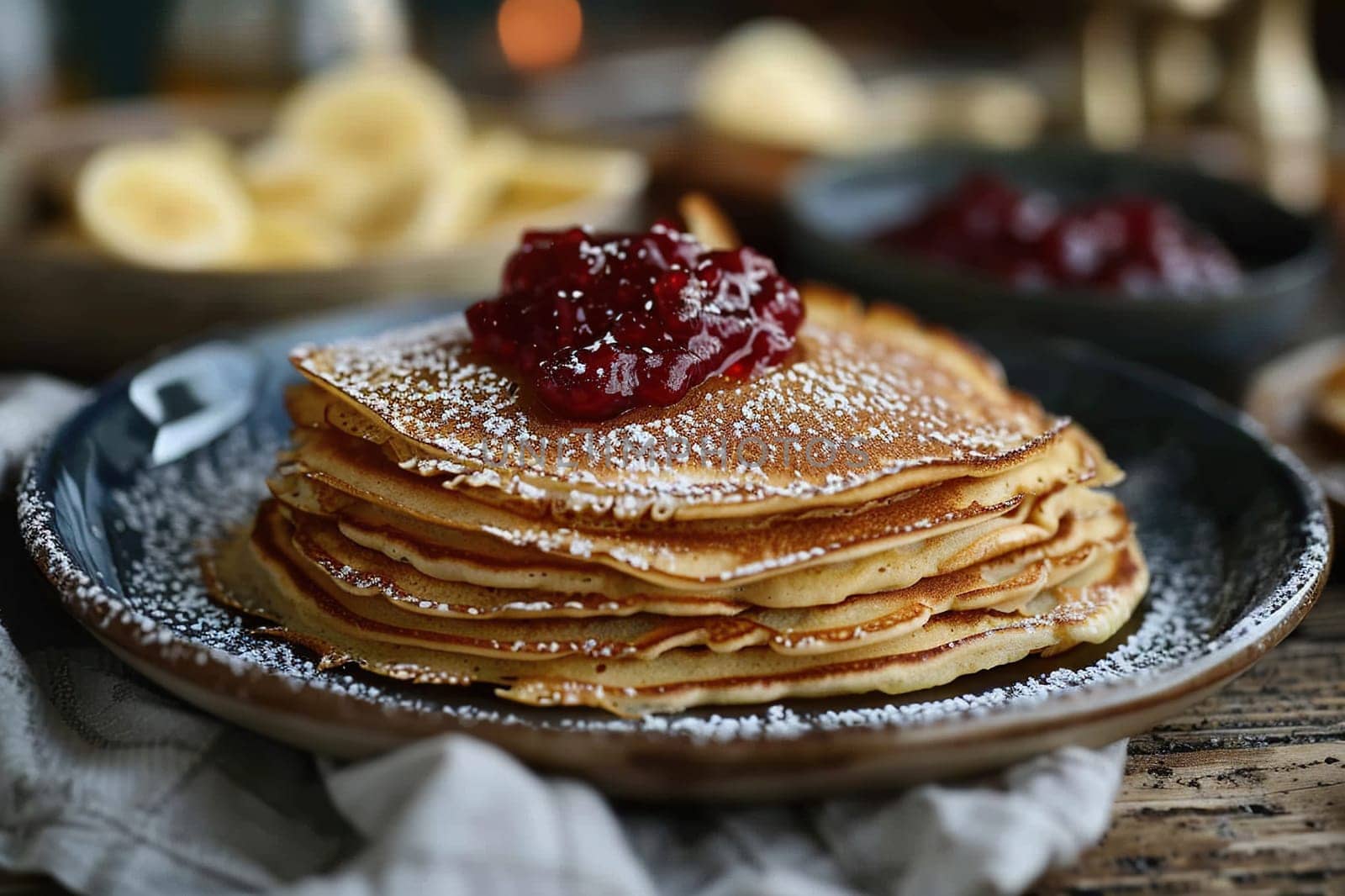 A stack of pancakes with lingonberry sauce on a plate on a wooden table. Swedish cuisine dish.