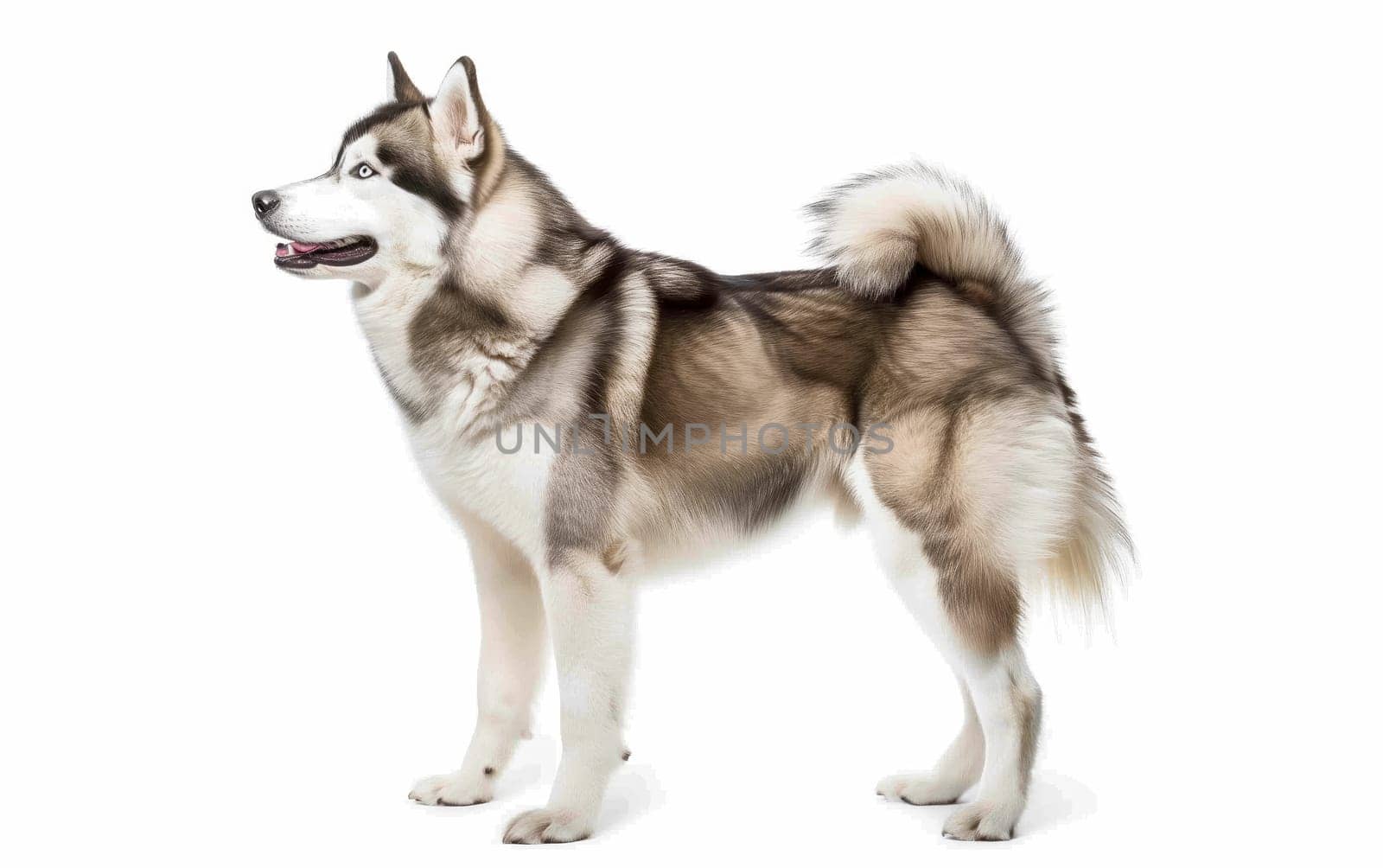 An Alaskan Malamute stands in profile against a white background, showcasing its thick fur and proud stance. This image captures the breed's characteristic wolf-like features and robust build. by sfinks