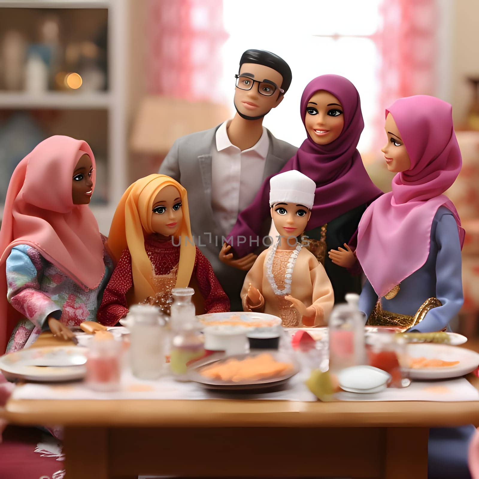 Barbie and her family, dressed in Muslim style with headdresses, gather together for a meal and joyful moments.