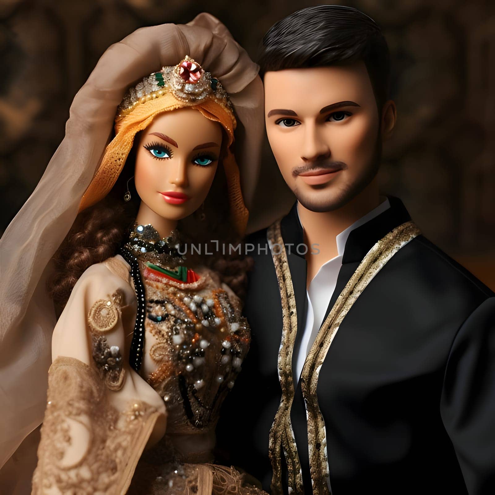 Barbie and Ken looking elegant in ceremonial outfits, with a blurry background adding a touch of sophistication to the scene.