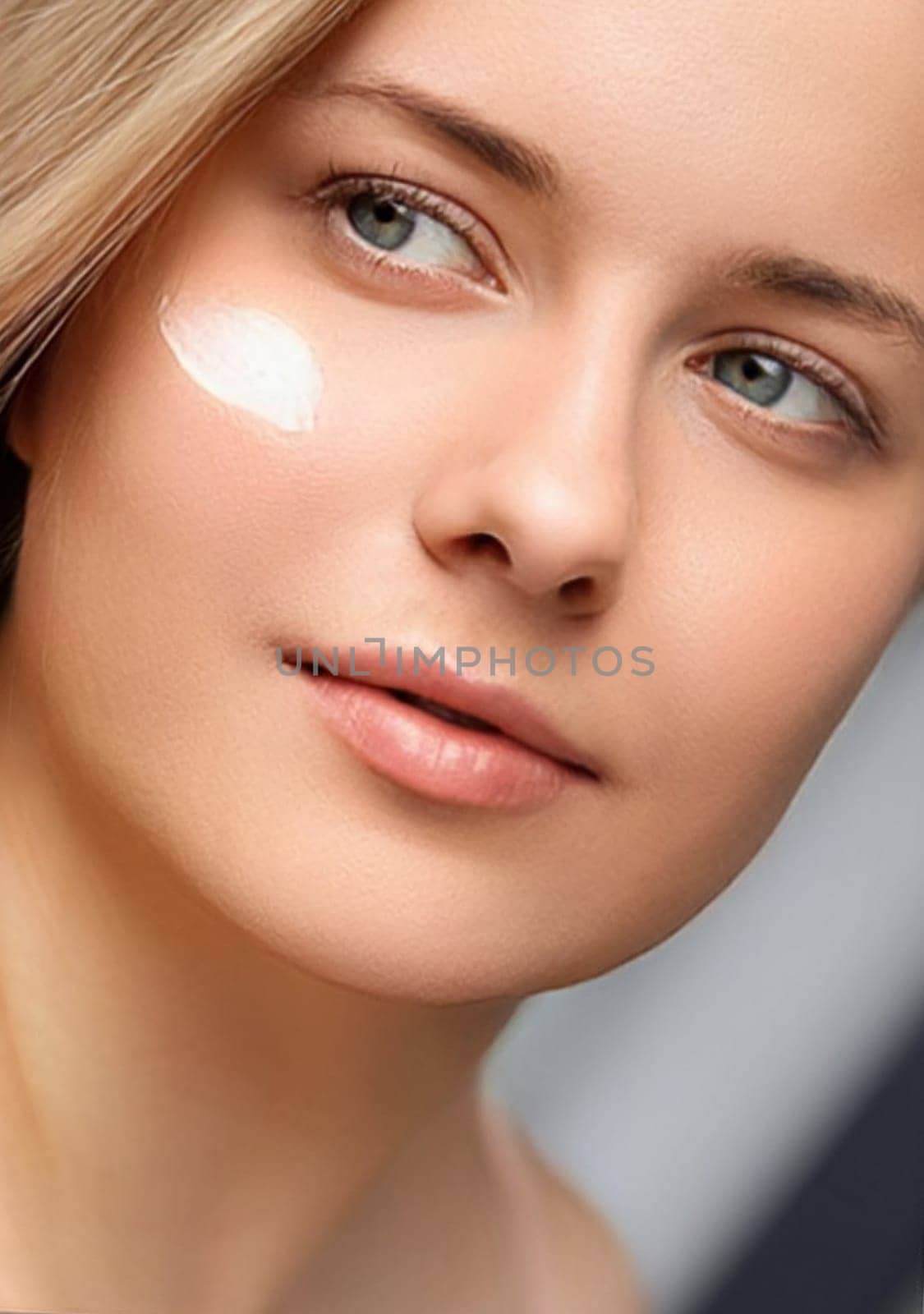 Beauty, suntan spf and skincare cosmetics model face portrait, woman with moisturising cream, sunscreen product or sun tan lotion on her cheek, luxury facial and skin care by Anneleven