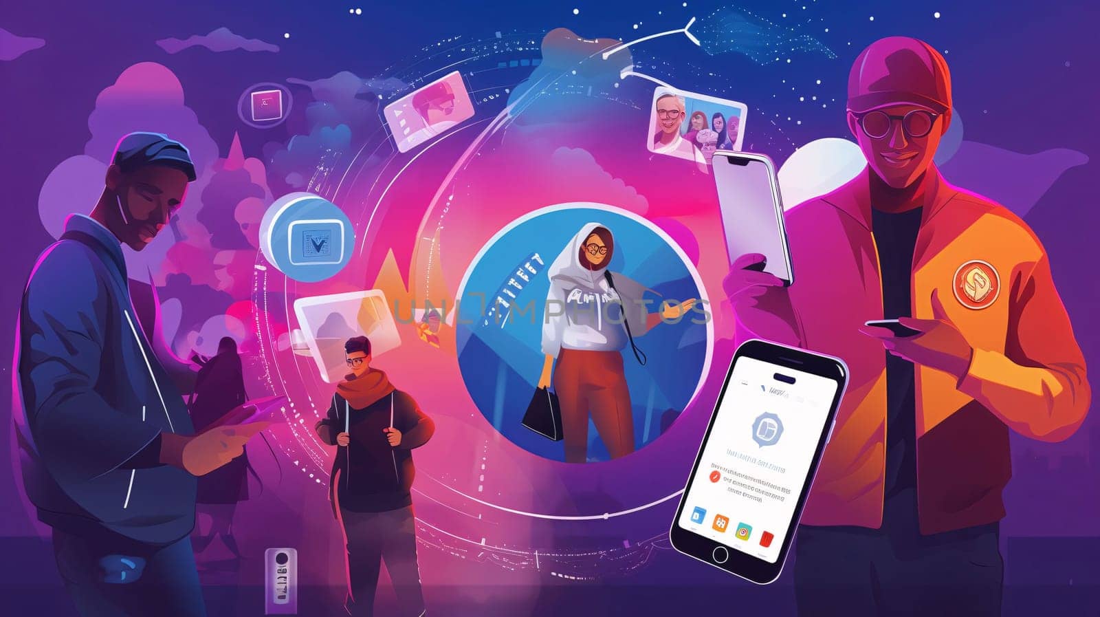 Group of people using gadgets. Young man and woman with gadgets. Vector illustration in cartoon style by ThemesS