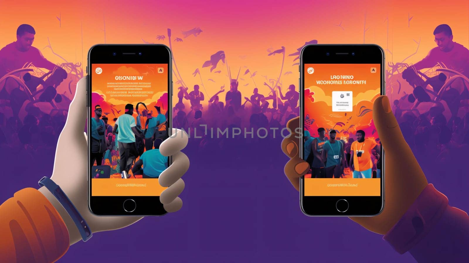 Smartphone screen: Live music festival concept. Hand holding smartphone with live music show on screen. Vector illustration