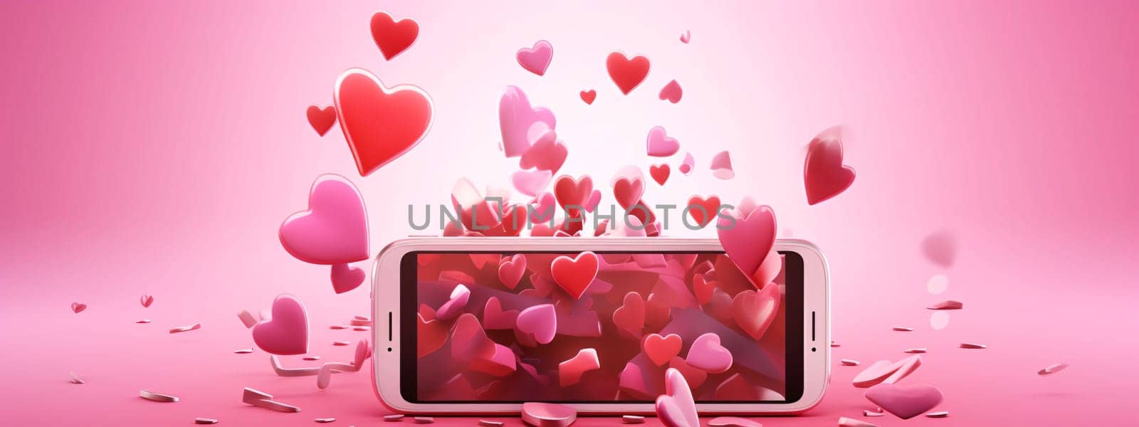 Smartphone screen: Smartphone with flying hearts on pink background. 3D rendering.
