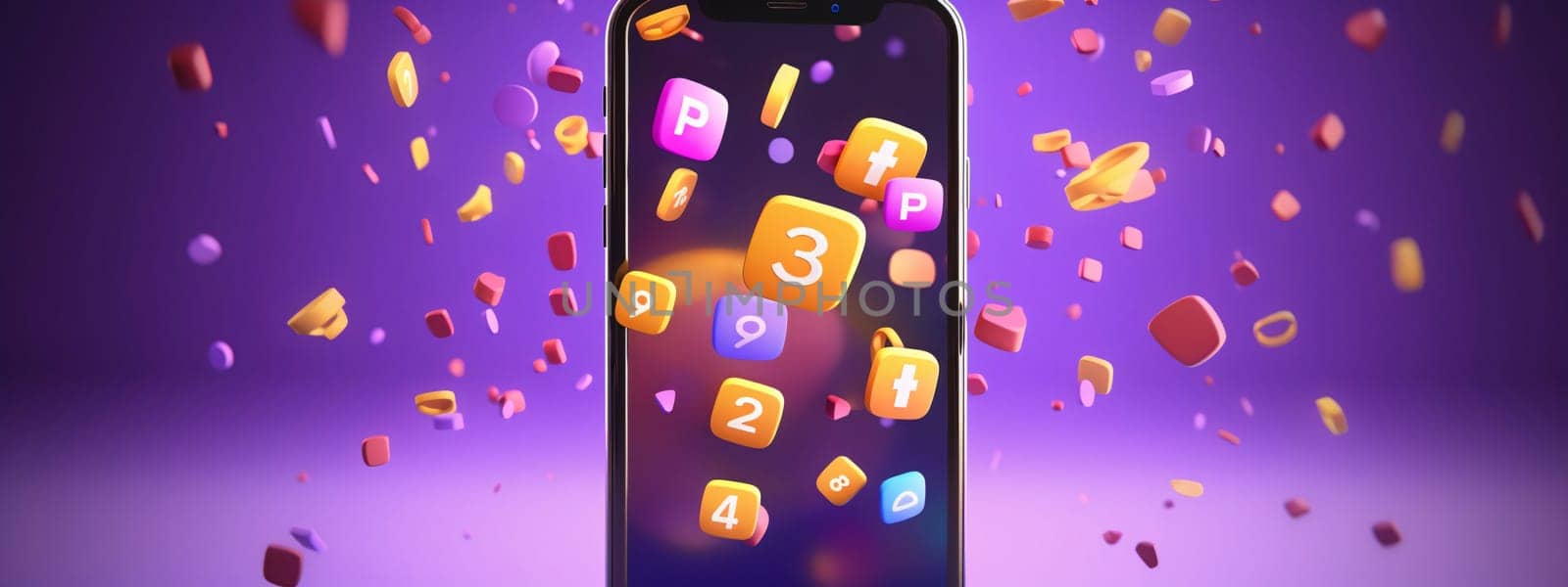 Smartphone with app icons flying on a purple background. 3d rendering by ThemesS