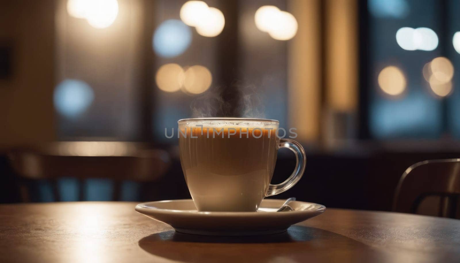 Cafe hot cup of coffee on a saucer on a dark background, casting a thin shadow. Bokeh in the background