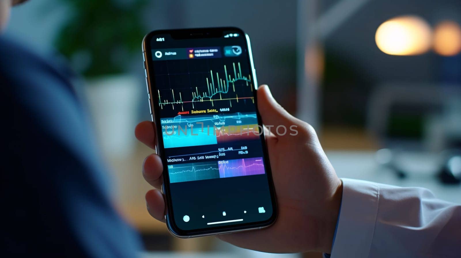 Smartphone screen: business, technology, internet and people concept - close up of man holding smartphone with stock market chart on screen