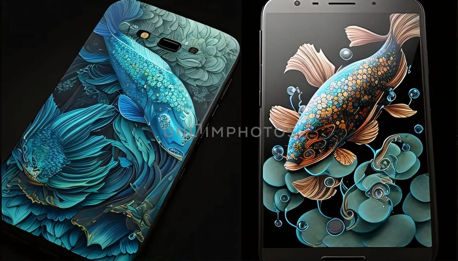 Smartphone screen: Smartphone with fish on the screen. Close-up. 3D rendering