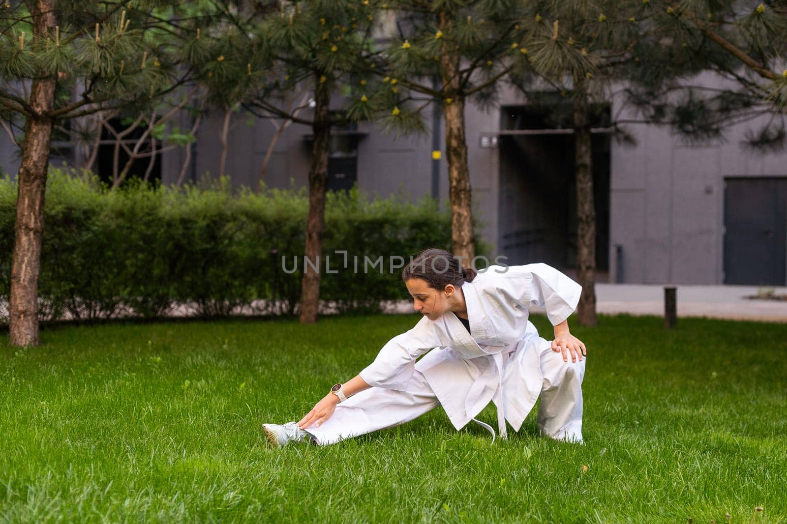 young girl in a white kimono, karate. High quality photo