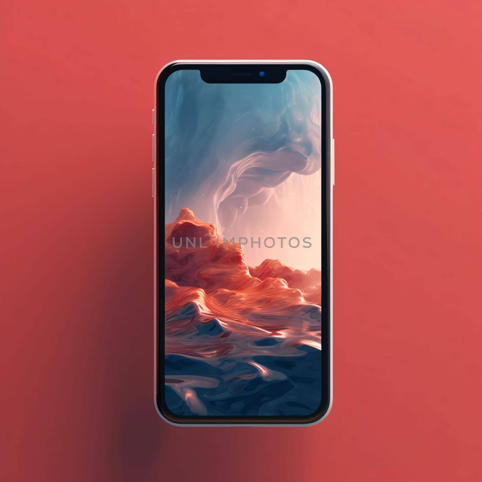 Smartphone screen: Modern smartphone with abstract cloud on red background. 3D Rendering