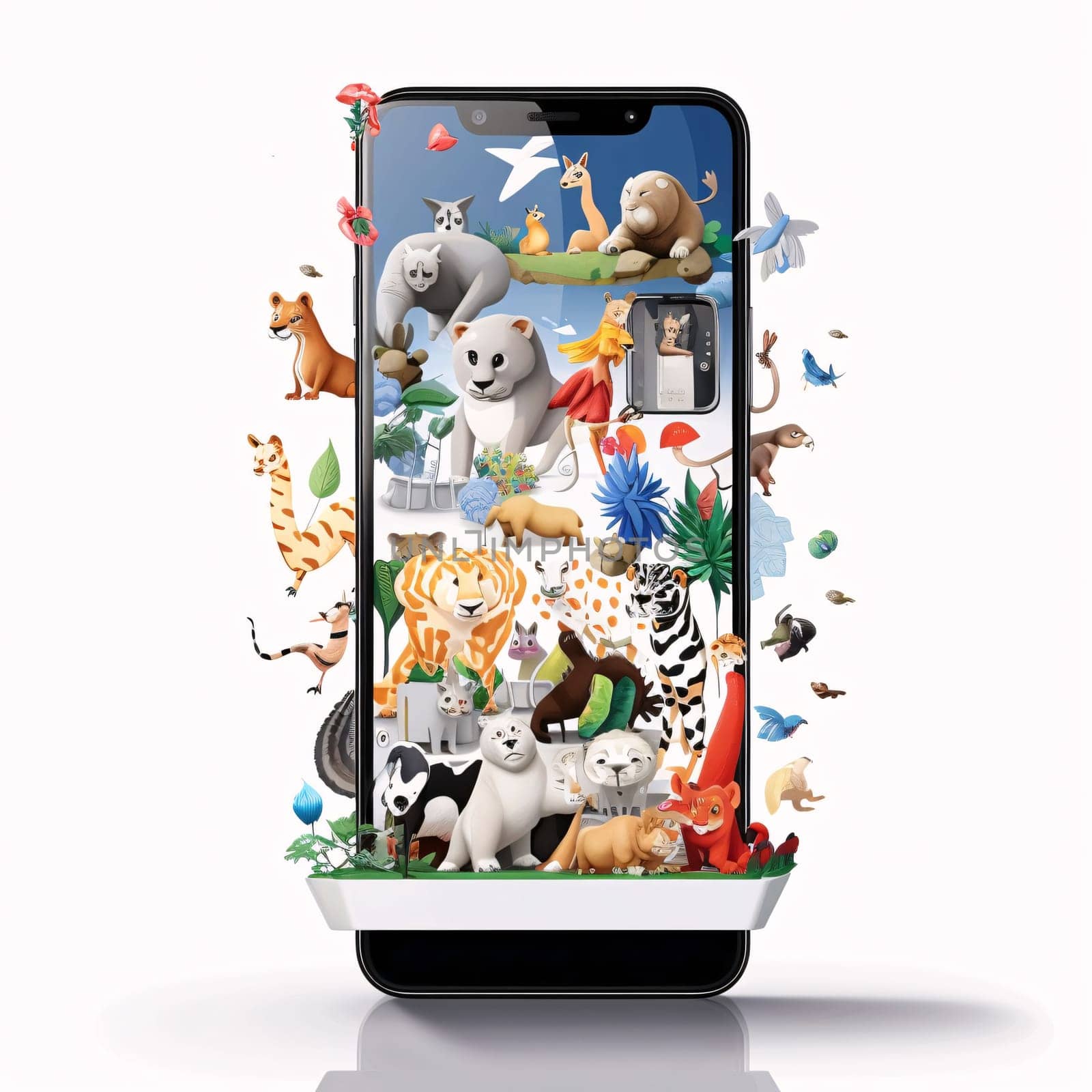 Smartphone screen: Smartphone with animals on the screen isolated on a white background.