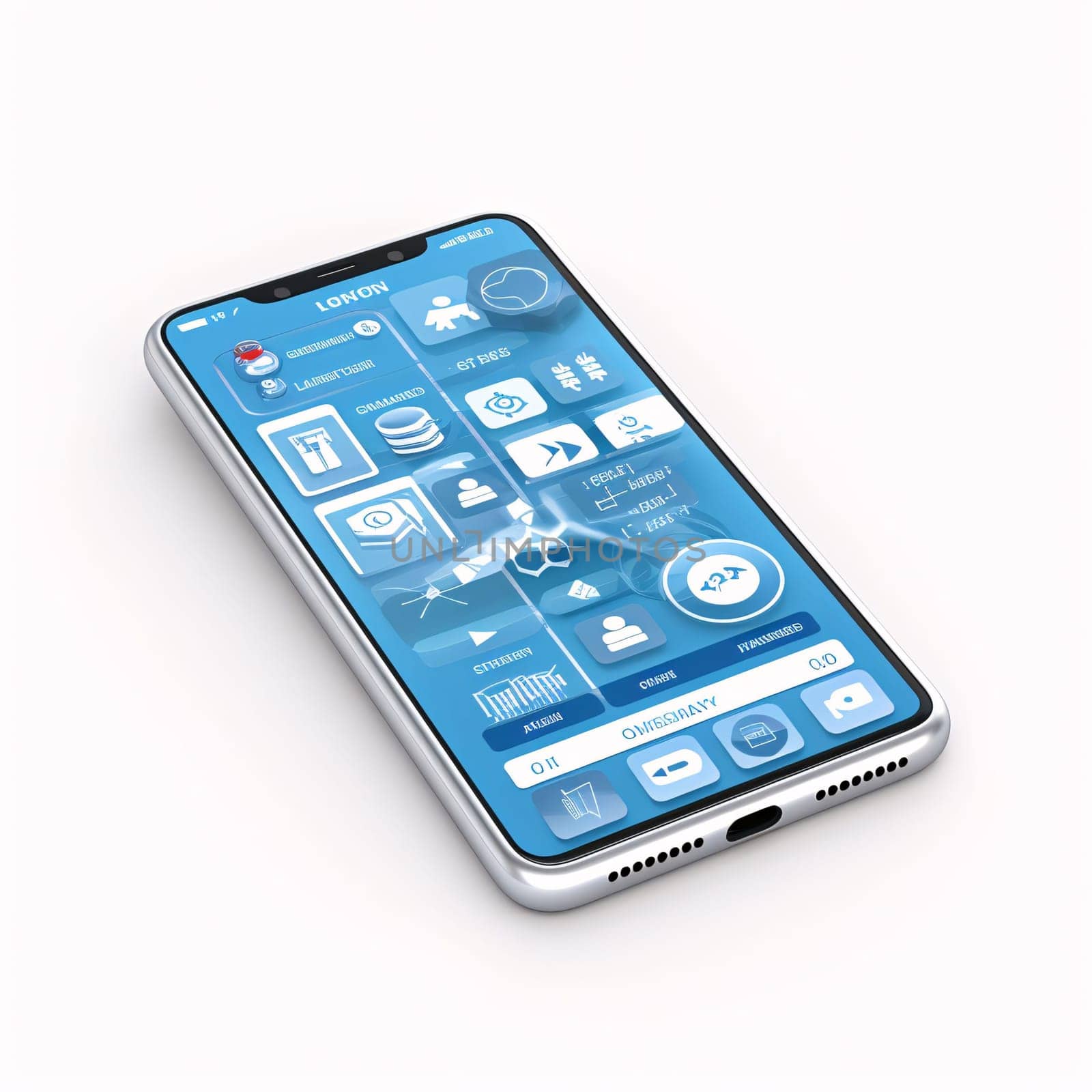 Smartphone screen: render of a smart phone with apps on the screen on a white background