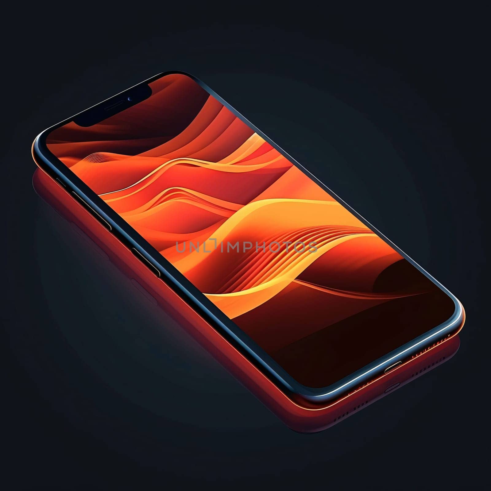 Smartphone screen: Smartphone with orange screen on black background. 3d illustration.