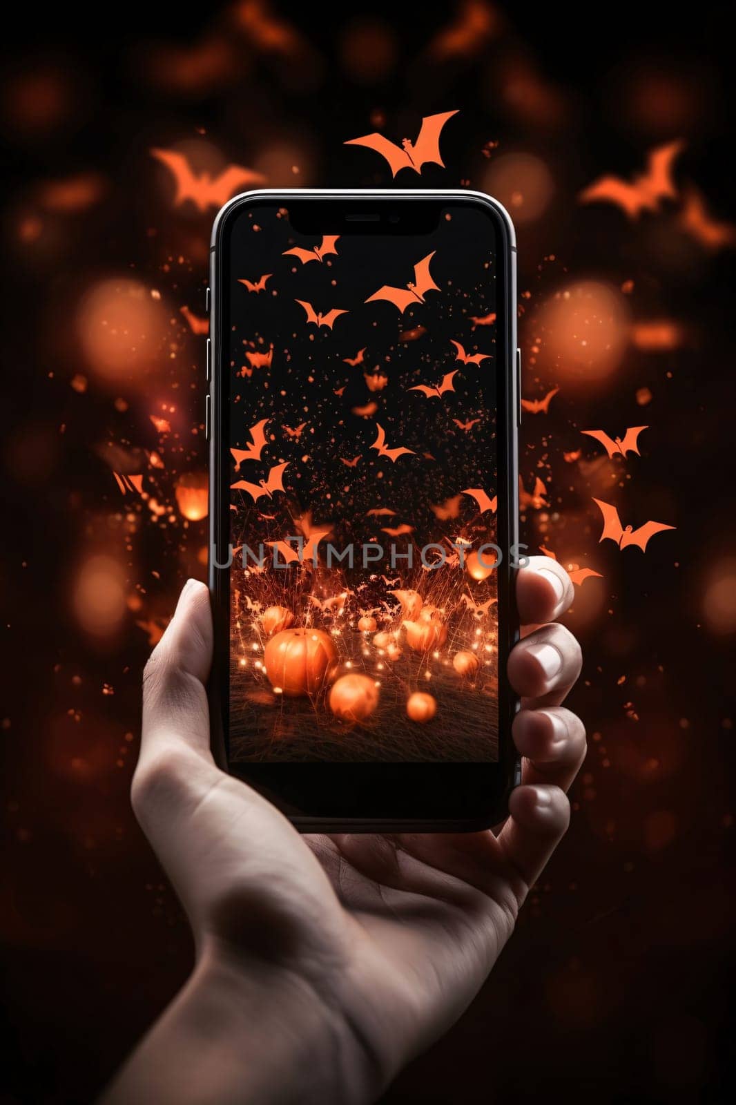 Halloween concept with hand holding smart phone with flying bats and pumpkins by ThemesS