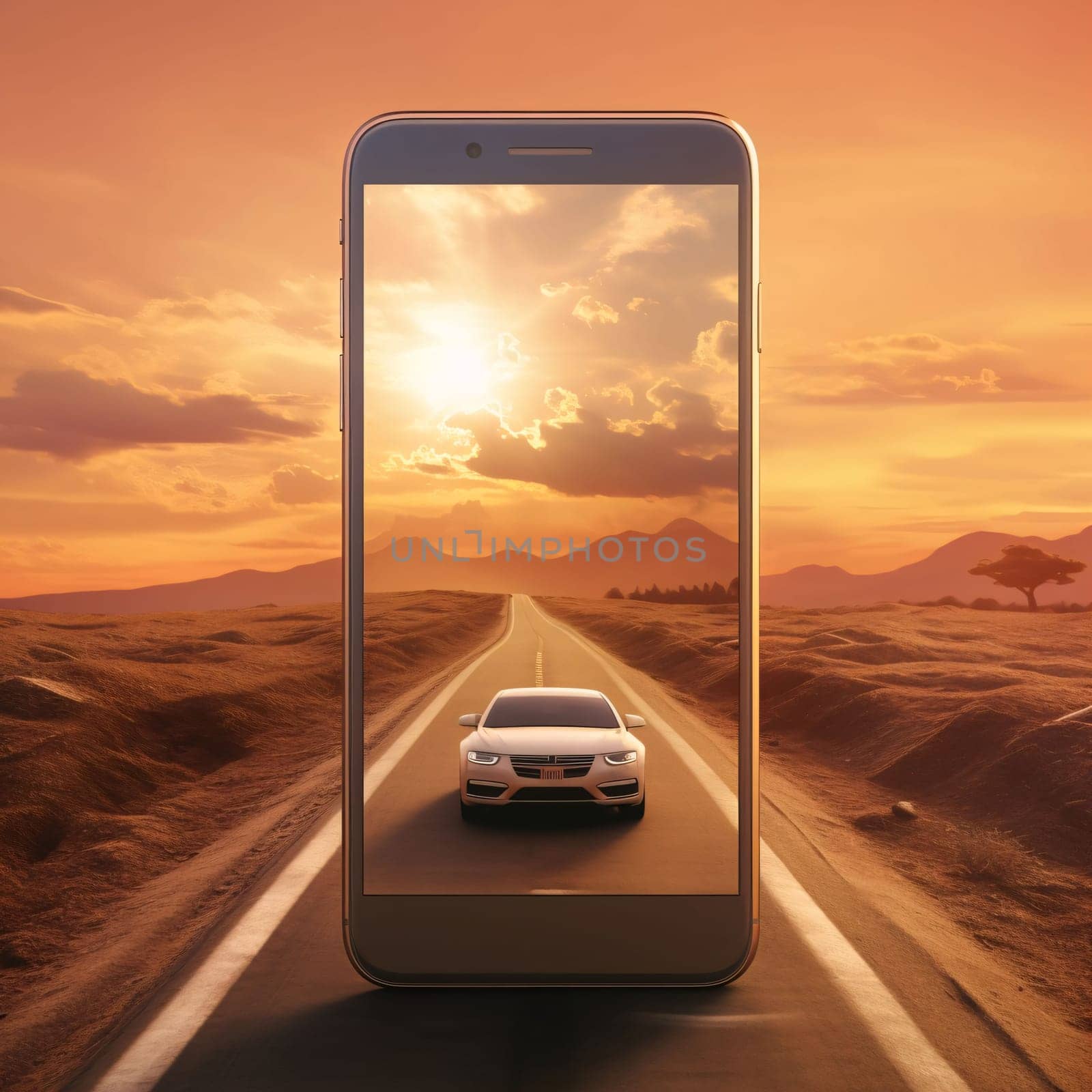 Smartphone screen: Smartphone with car on the road at sunset. 3d rendering
