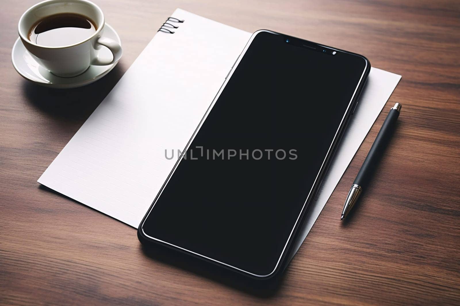 Smartphone screen: Smartphone with blank screen, coffee cup and notepad on wooden table