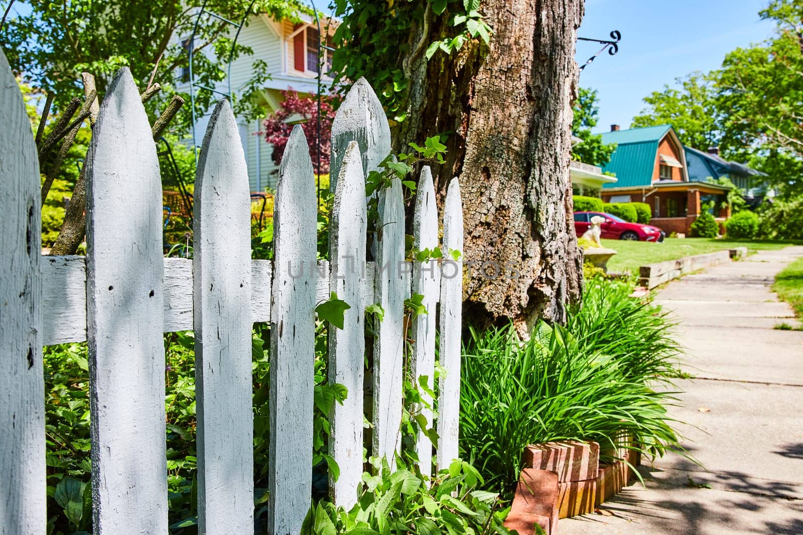 Idyllic suburban scene in Fort Wayne with a rustic white picket fence, vibrant garden, and classic homes.