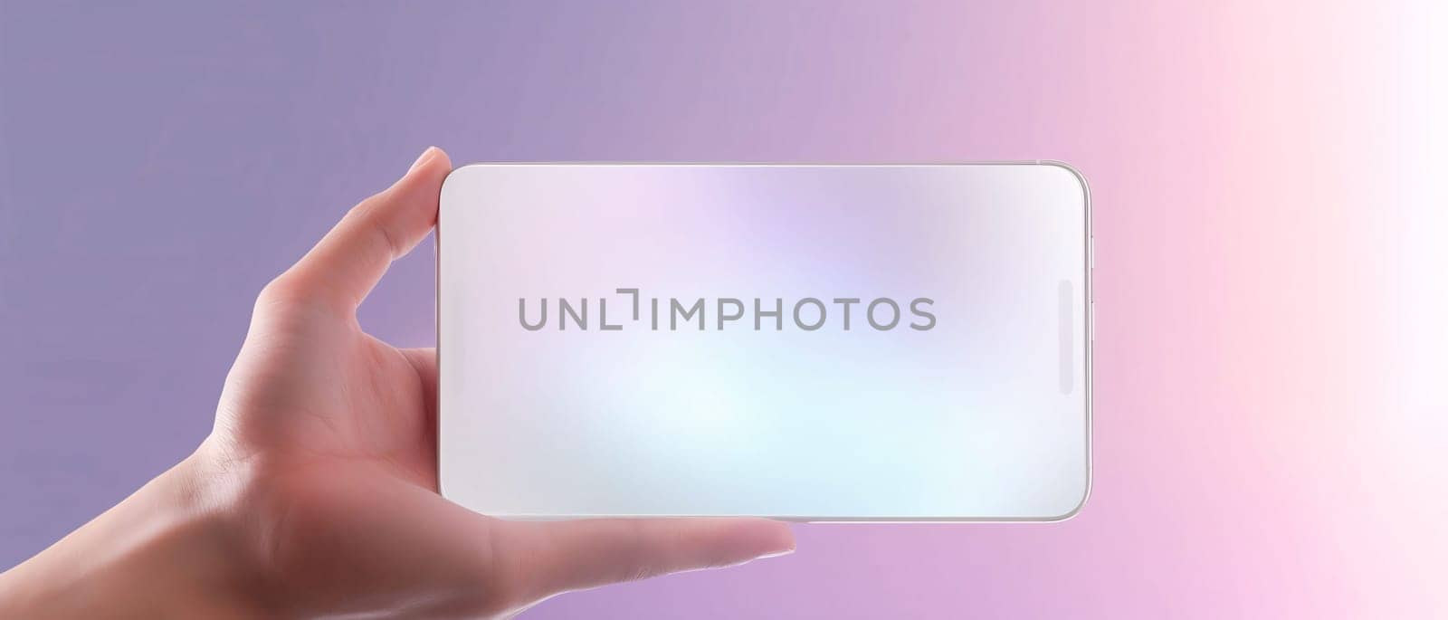 Smartphone screen: Hand holding smartphone with white screen over purple background. 3d rendering
