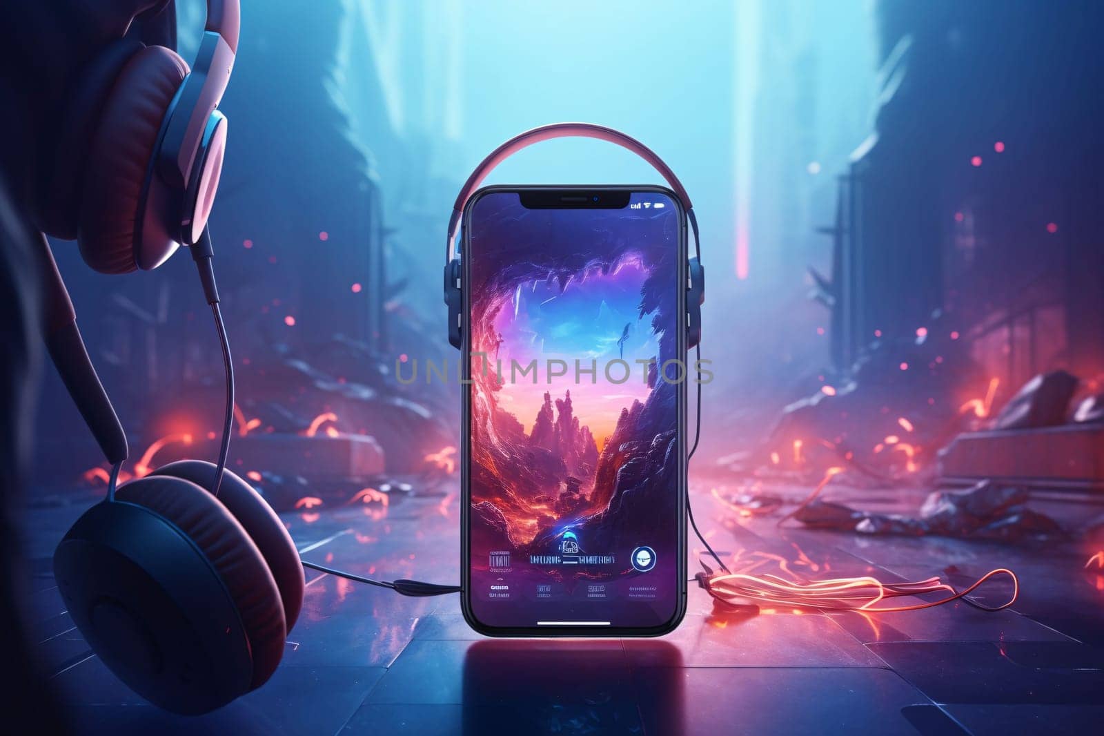 Smartphone screen: Smartphone with headphones on the background of the street in the night