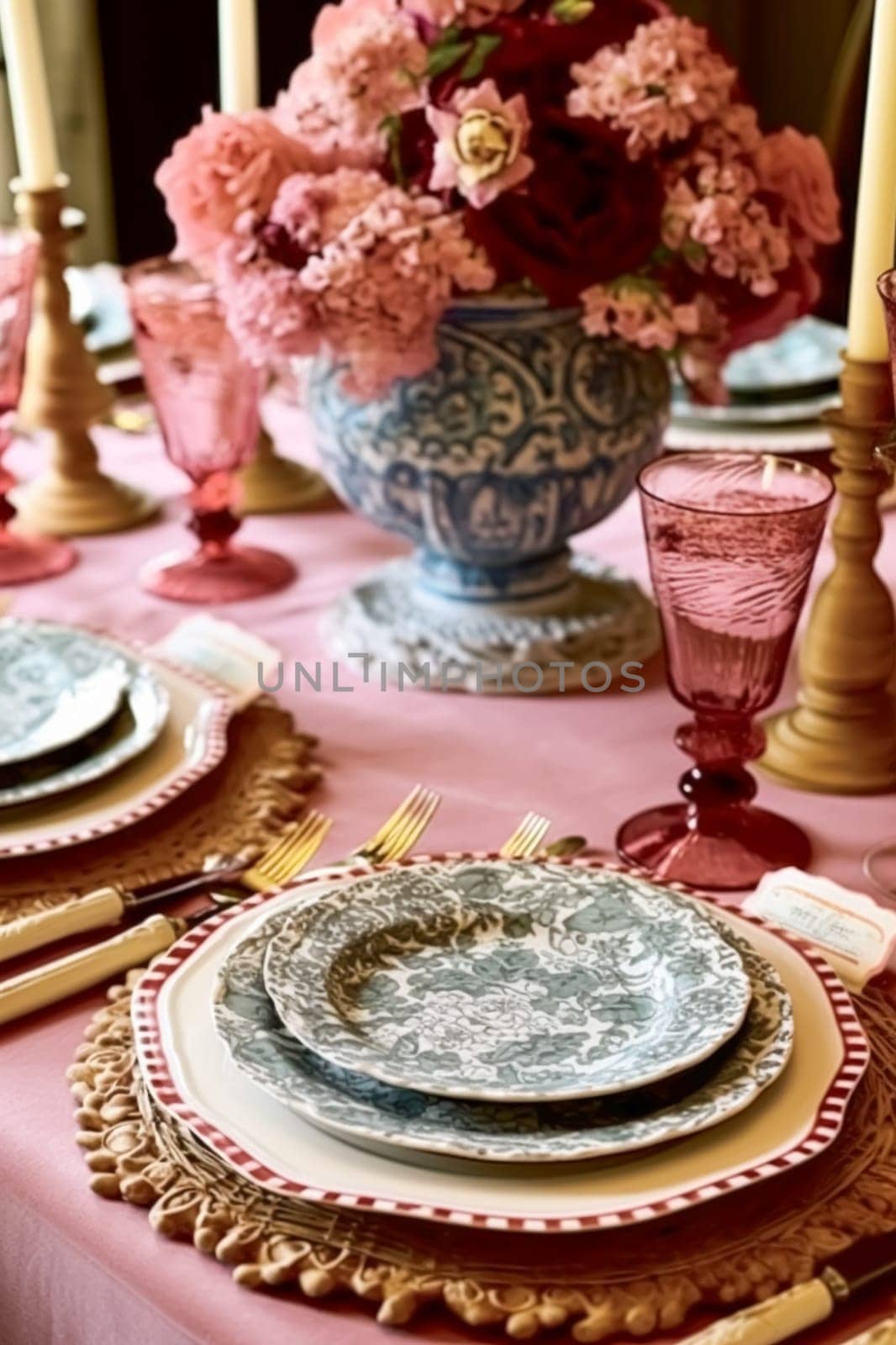 Romantic holiday tablescape, formal dinner table setting, table scape with pink country style decoration for wedding and event celebration, generative ai by Anneleven