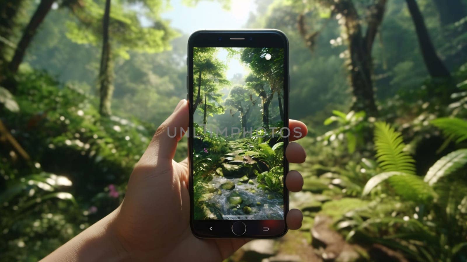 A hand holds a smartphone capturing a vibrant forest scene with a sunbeam piercing through the trees.