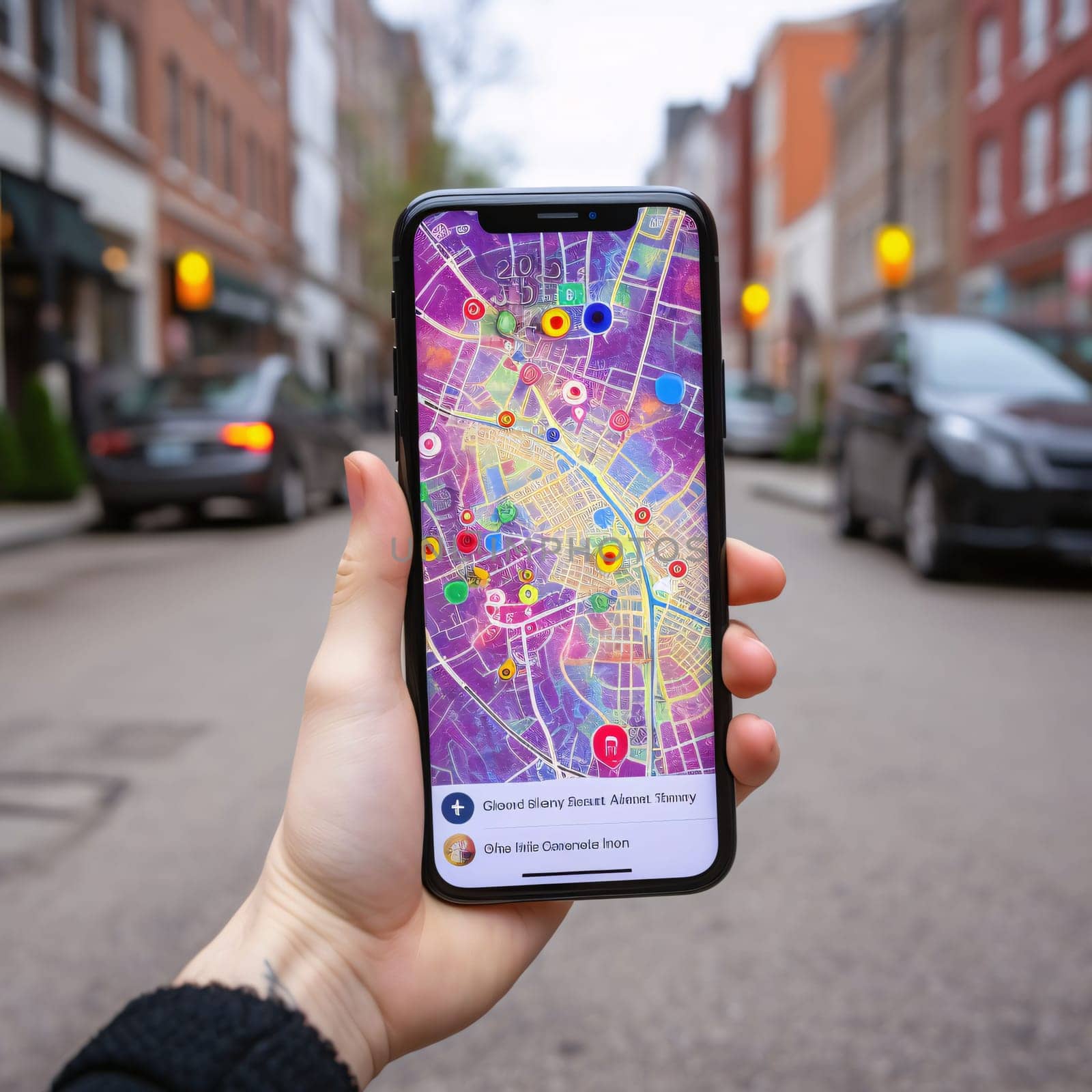 Smartphone screen: Google maps on a smartphone screen. Google maps is an American multinational technology company specializing in Internet-related services and products
