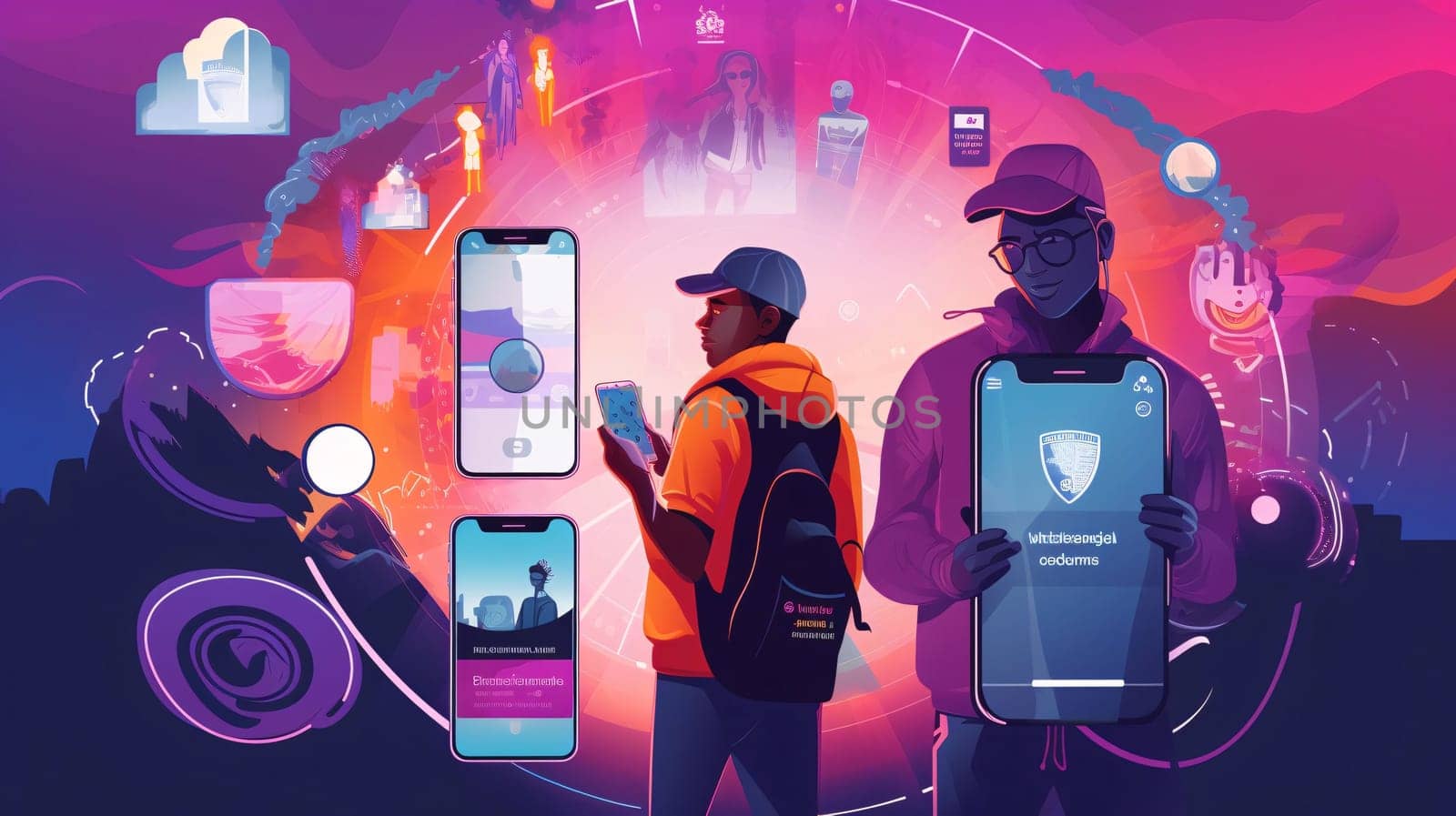 People using smartphones with augmented reality concept. Vector illustration in neon colors by ThemesS