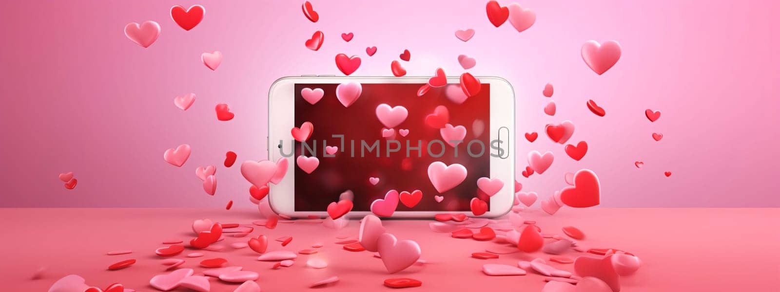 Smartphone screen: Valentine's day background with mobile phone and hearts. 3d rendering