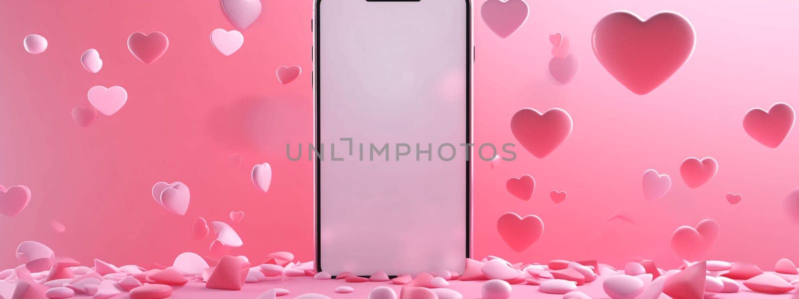 Smartphone with pink hearts on a pink background. 3d rendering by ThemesS