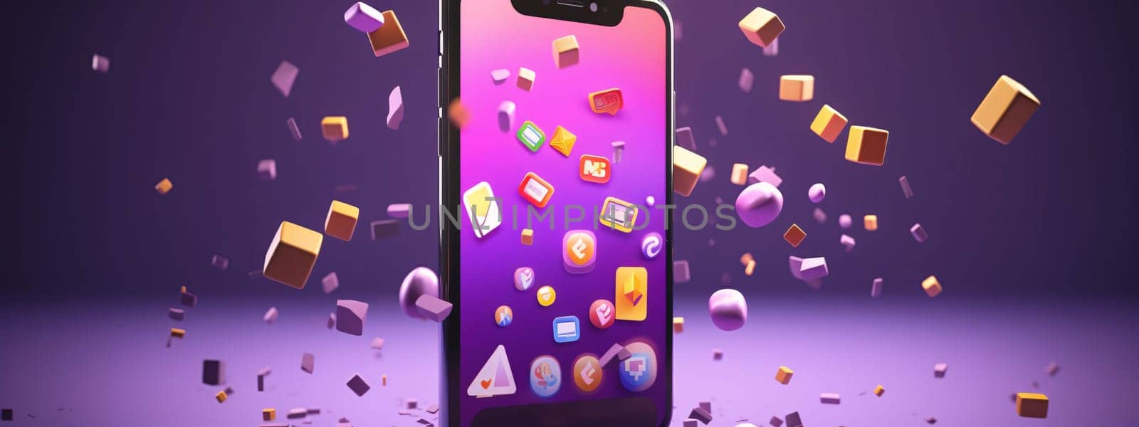 Smartphone screen: 3d rendering of colorful cubes flying out of a smartphone on purple background