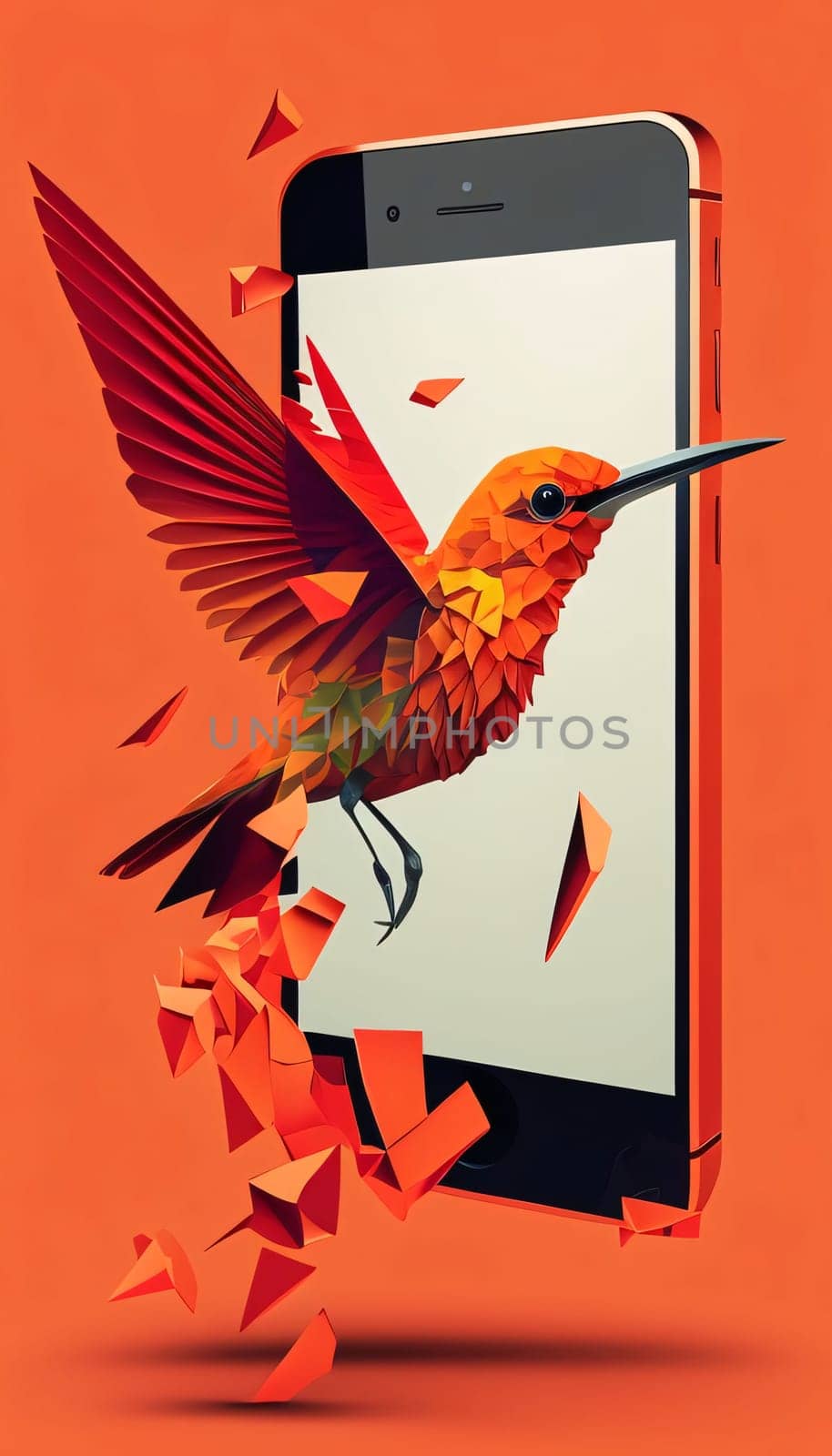 Smartphone screen: Smartphone with red bird origami on orange background. 3d illustration